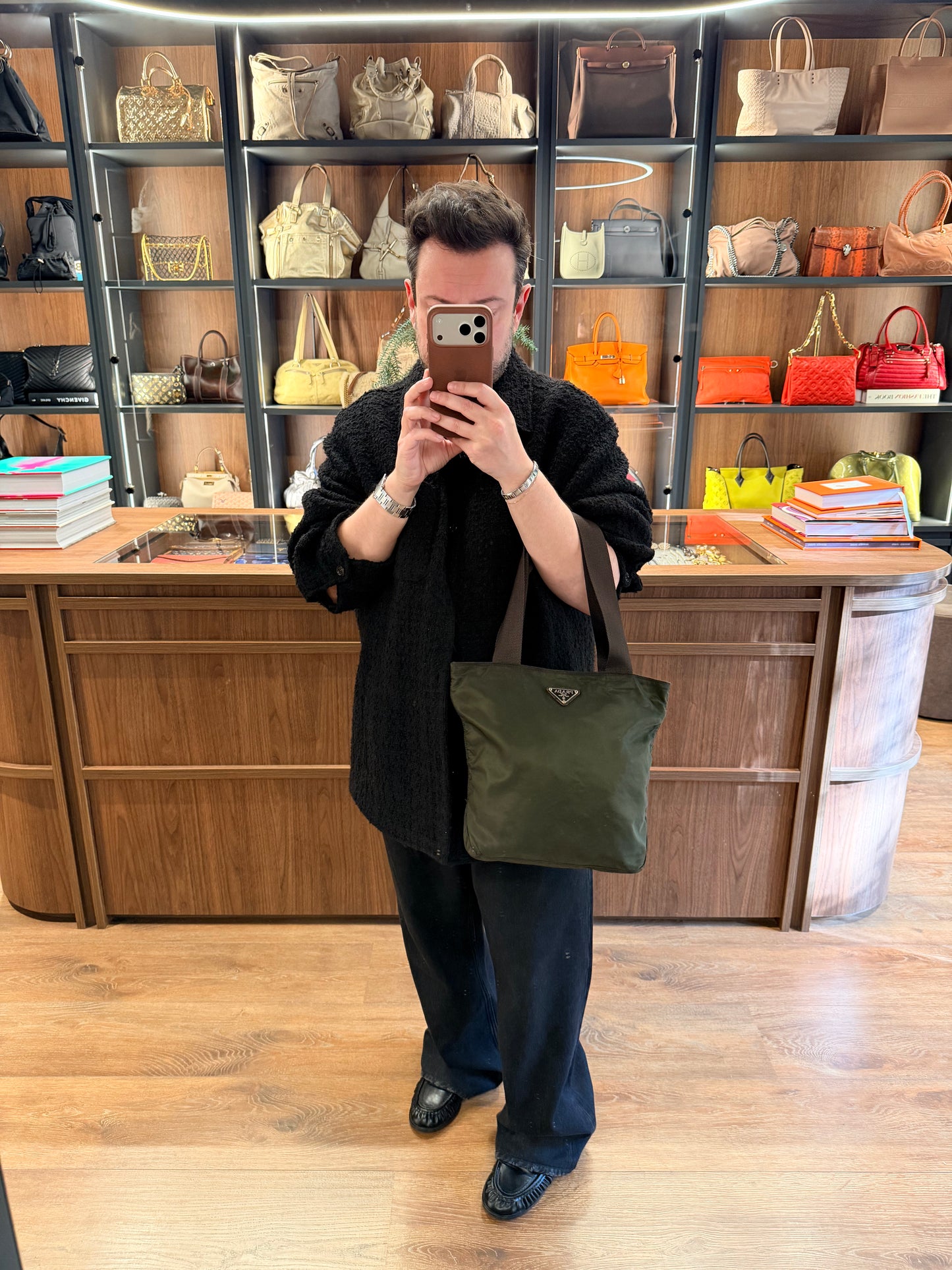 PRADA DARK GREEN NYLON SMALL SHOPPER TOTE