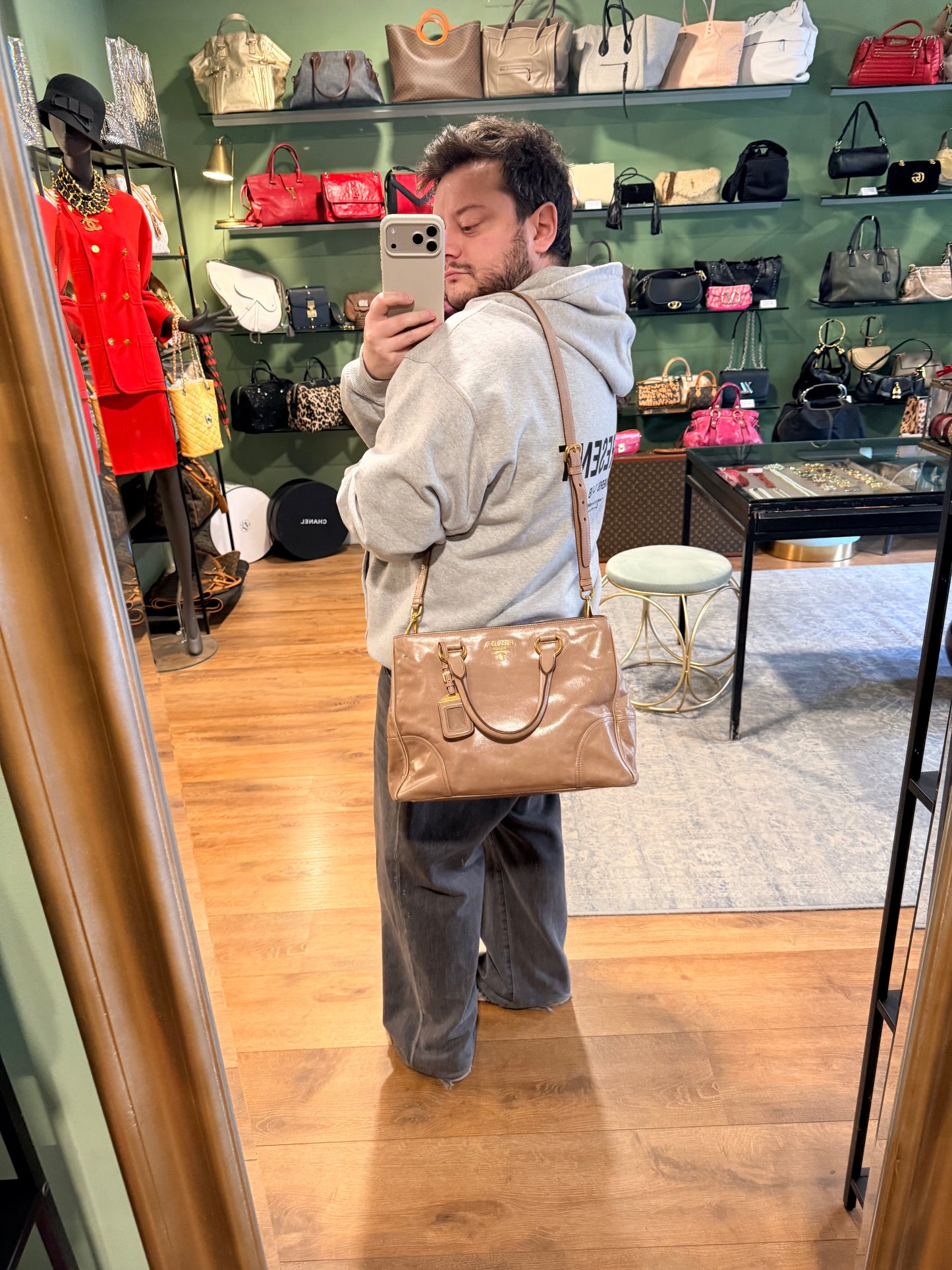 PRADA DARK BEIGE TWO EAY HANDBAG