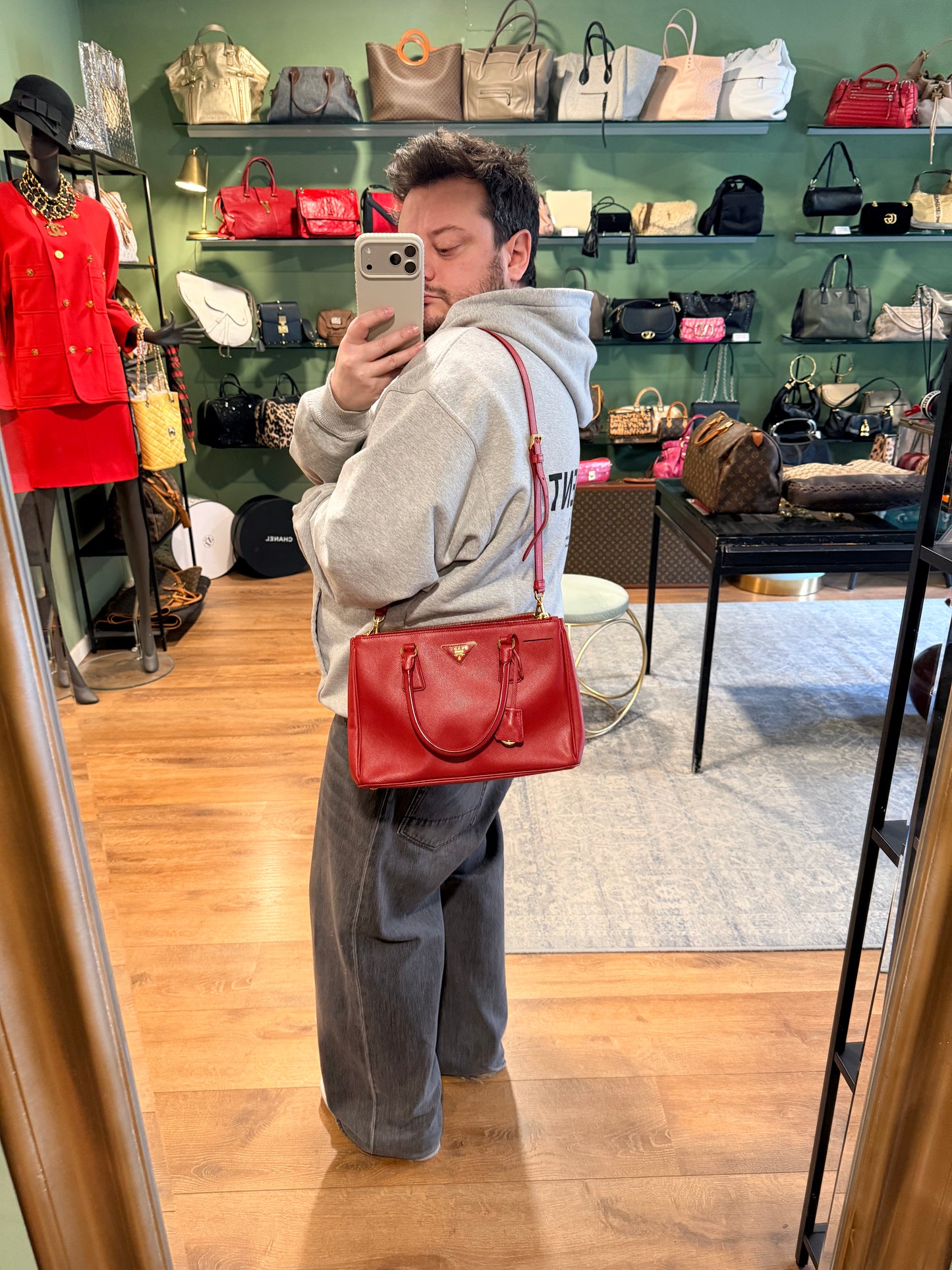 PRADA RED SAFFIANO SMALL GALLERIA HANDBAG