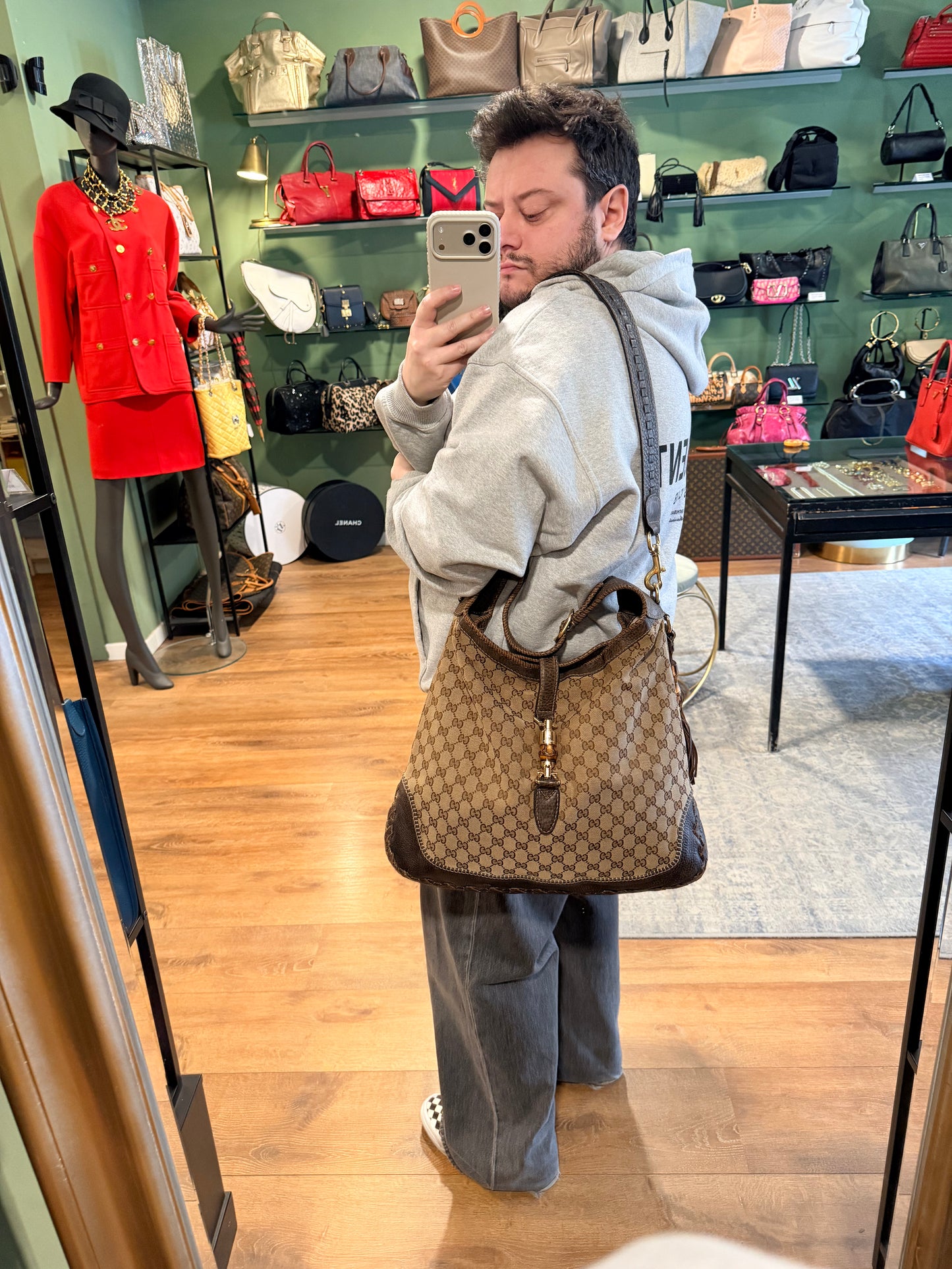 GUCCI BROWN MONOGRAM LARGE NEW JACKIE SHOULDER BAG