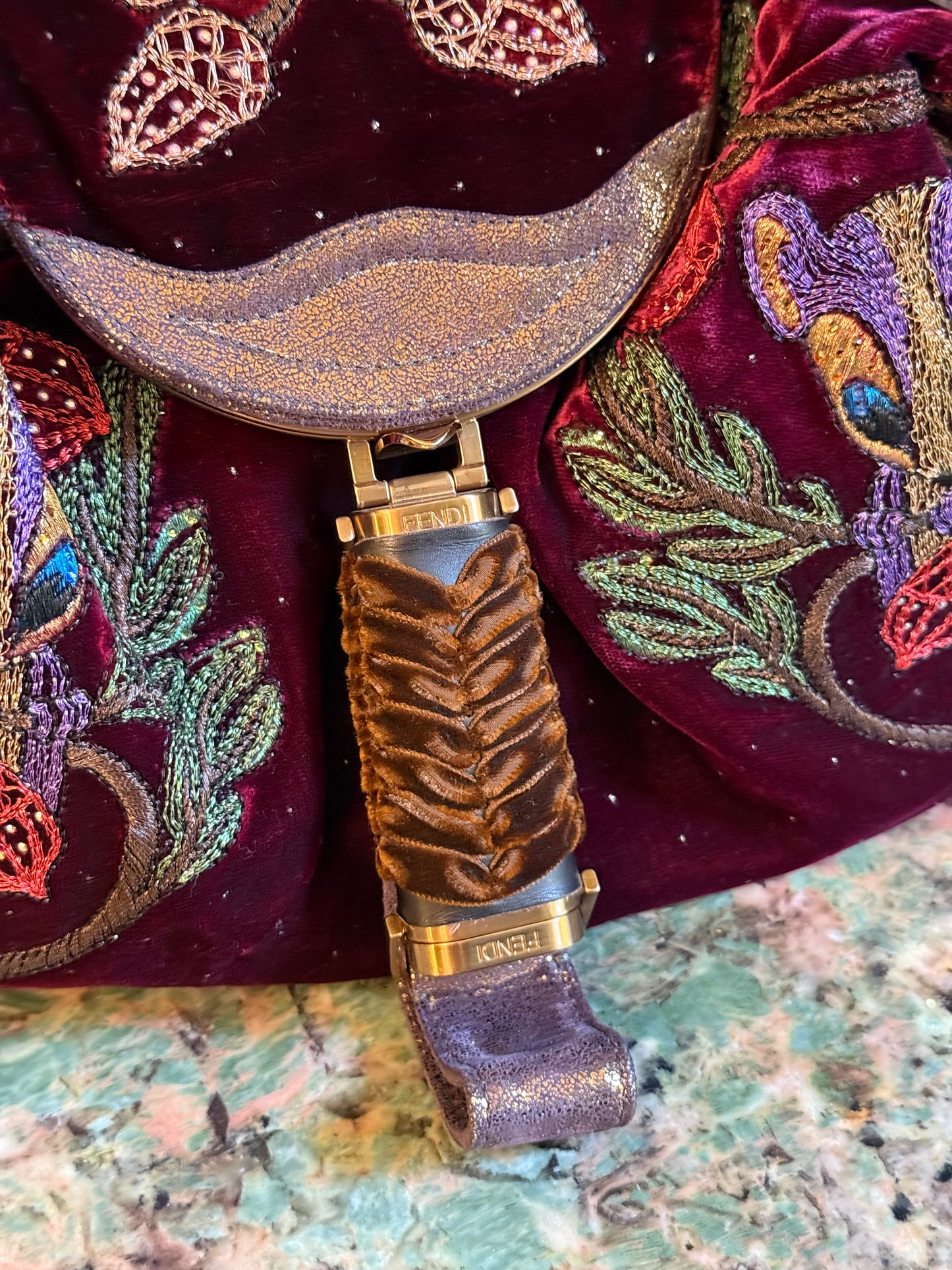FENDI EMBROIDERED VELVET BURGUNDY SPY HANDBAG