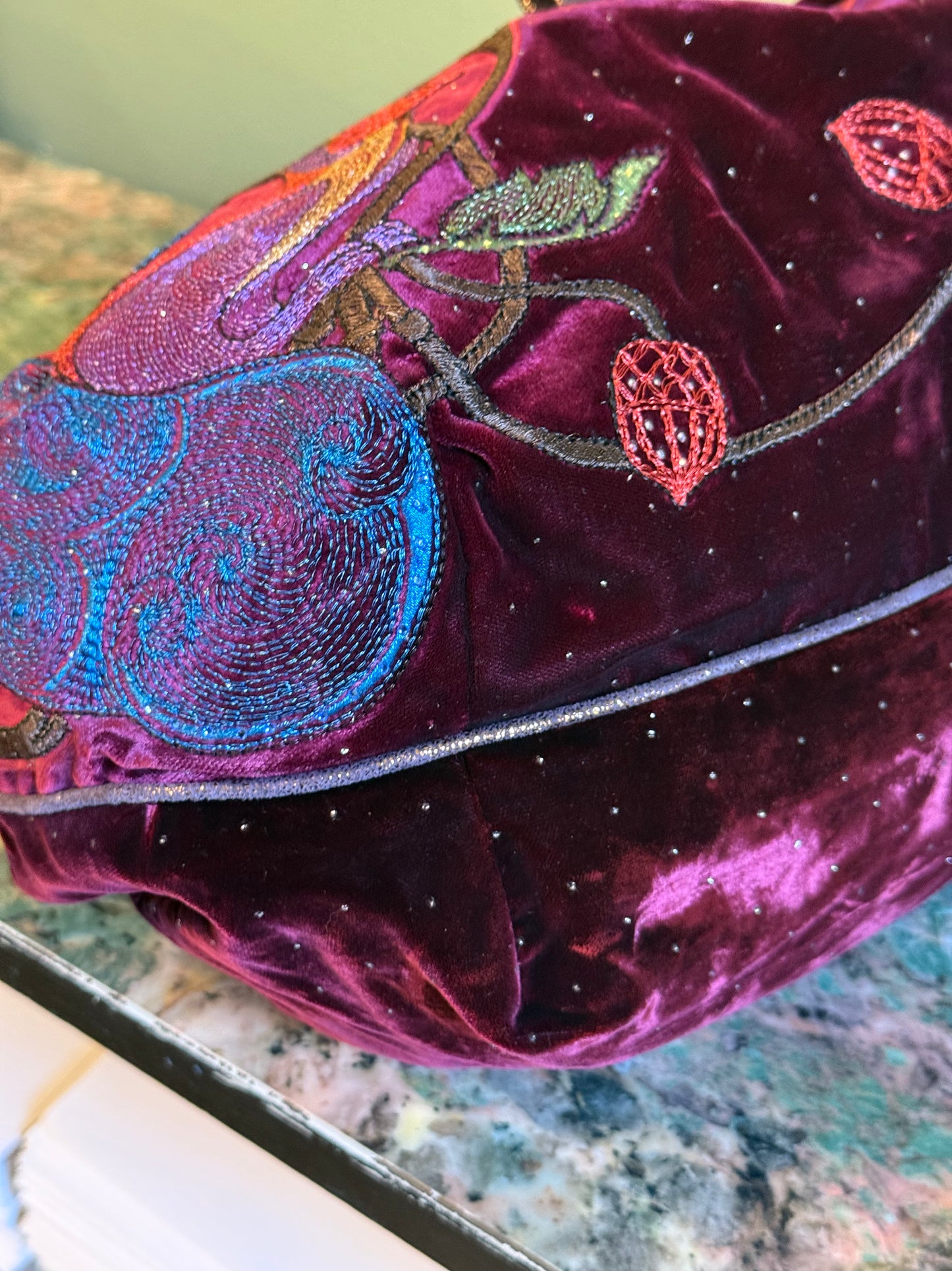 FENDI EMBROIDERED VELVET BURGUNDY SPY HANDBAG