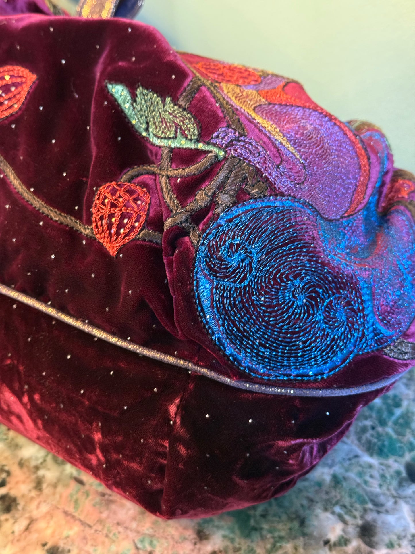 FENDI EMBROIDERED VELVET BURGUNDY SPY HANDBAG