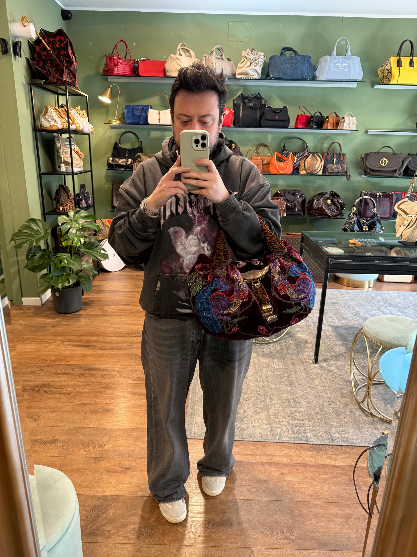 FENDI EMBROIDERED VELVET BURGUNDY SPY HANDBAG
