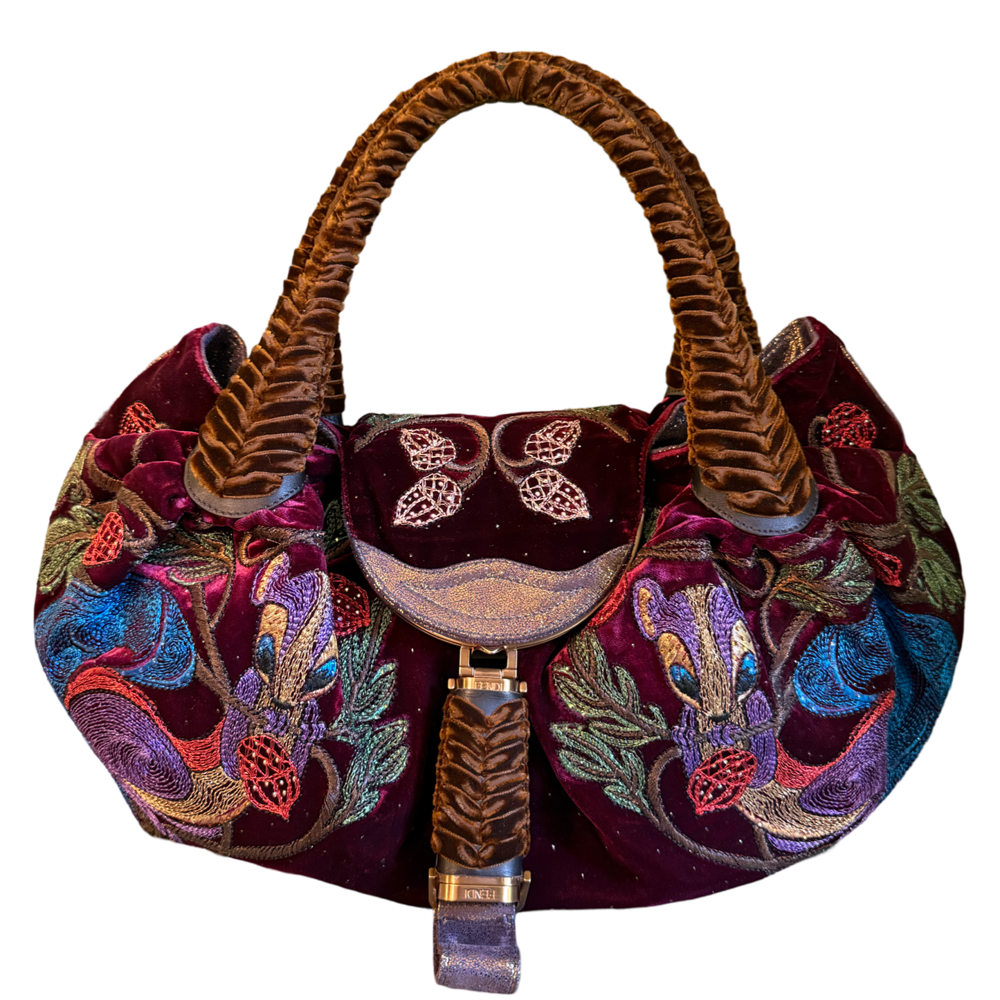 FENDI EMBROIDERED VELVET BURGUNDY SPY HANDBAG