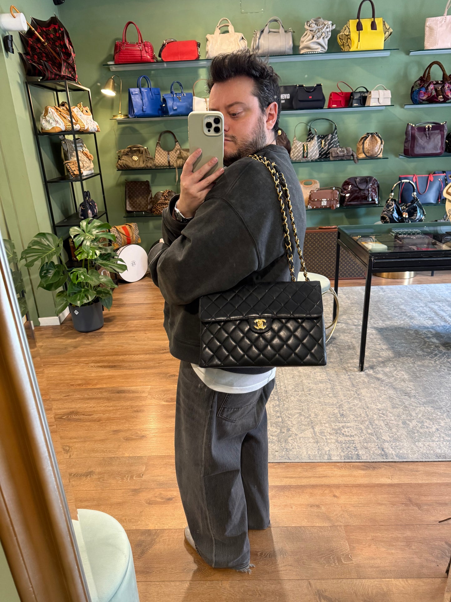 CHANEL BLACK LAMBSKIN JUMBO CLASSIC SINGLE FLAP SHOULDER BAG