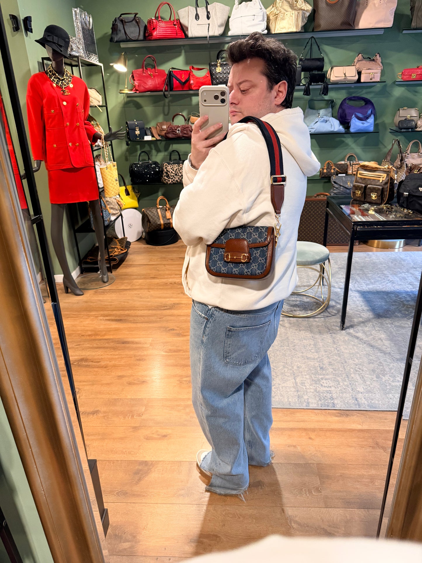 GUCCI MONOGRAM DENIM MINI HORSEBIT 1955 CROSSBODY BAG