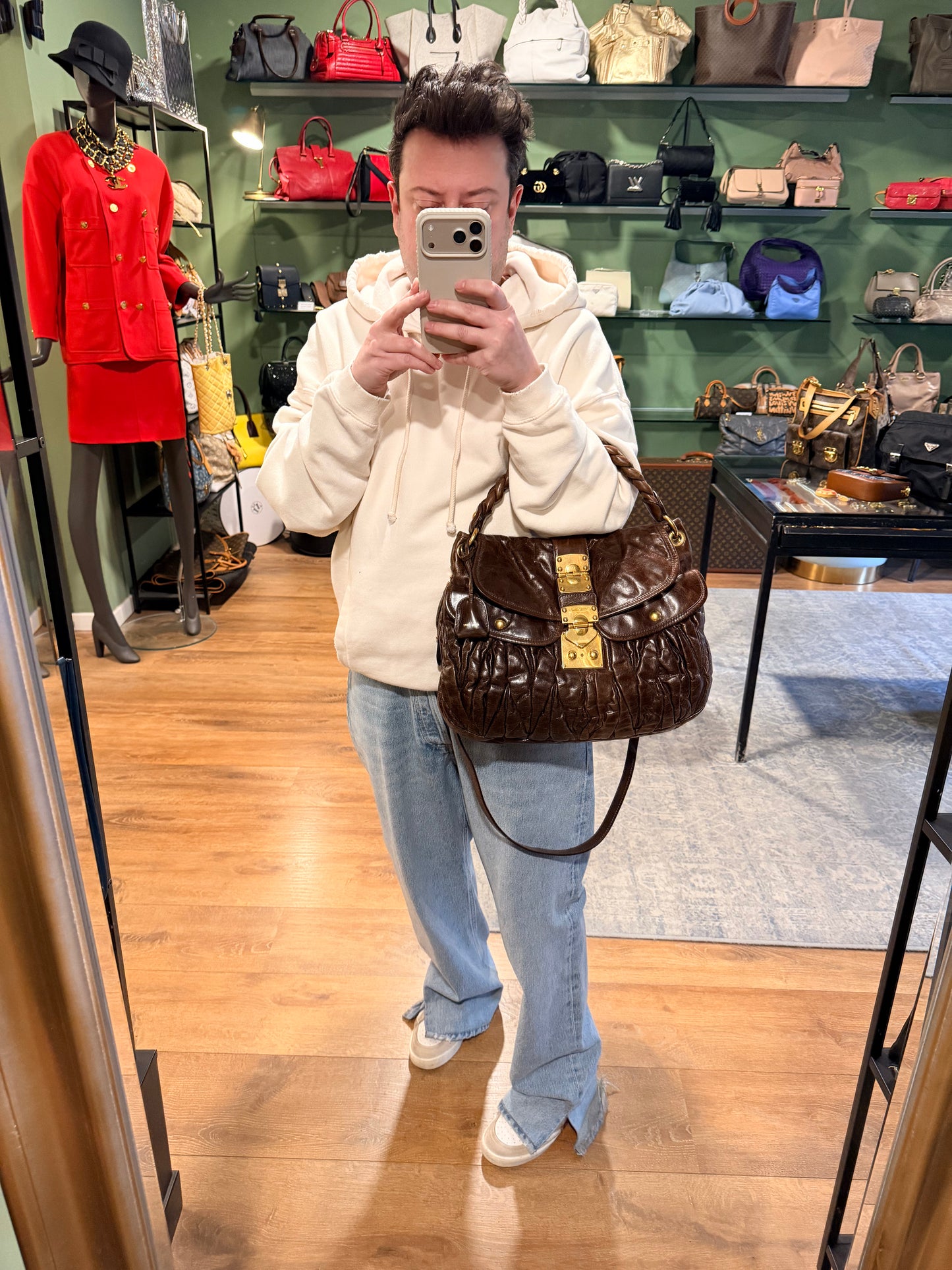 MIU MIU BROWN DISTRESSED LEATHER COFFER SHOULDER BAG