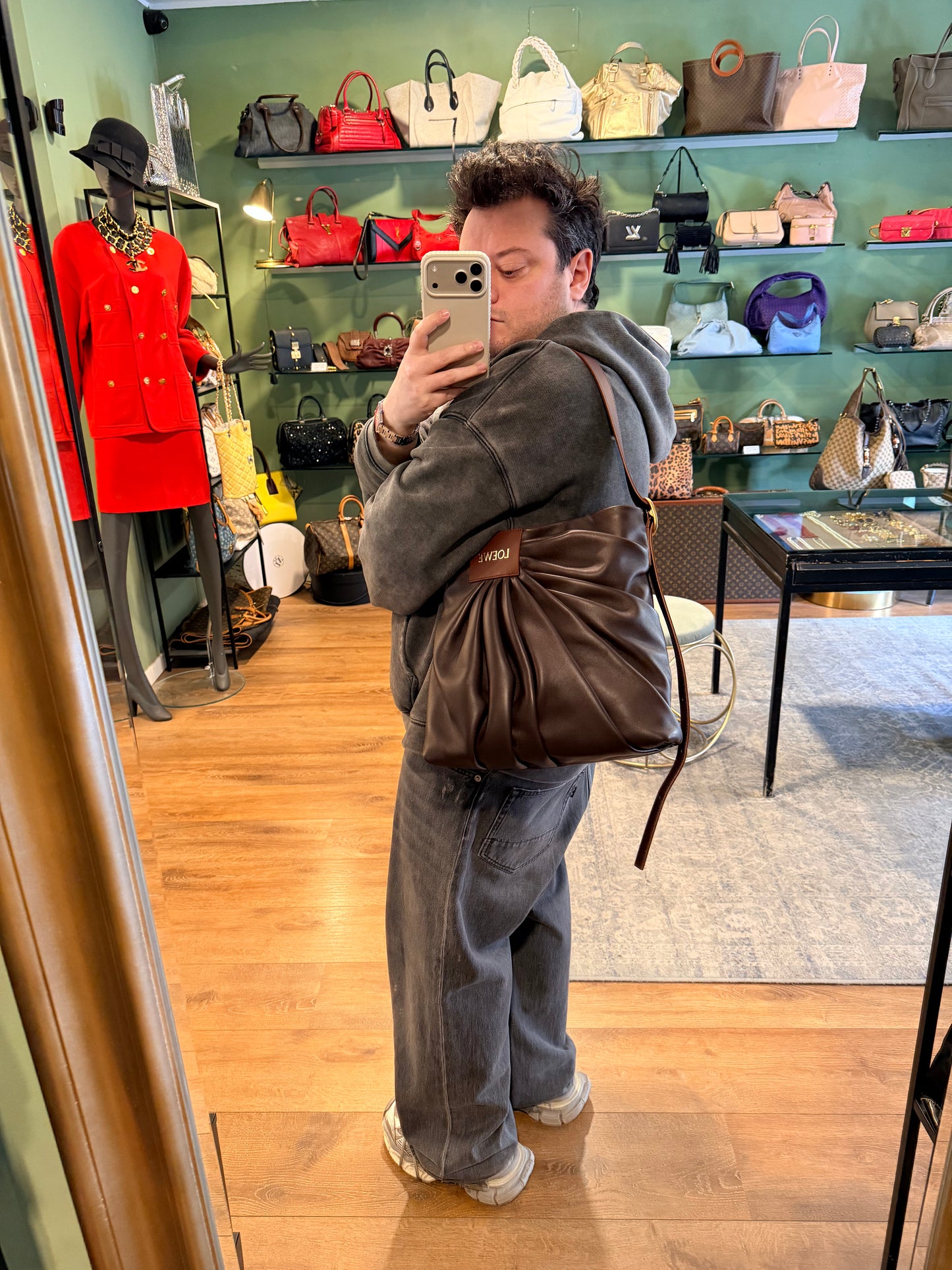 LOEWE BROWN DRAPED LEATHER SHOULDER BAG