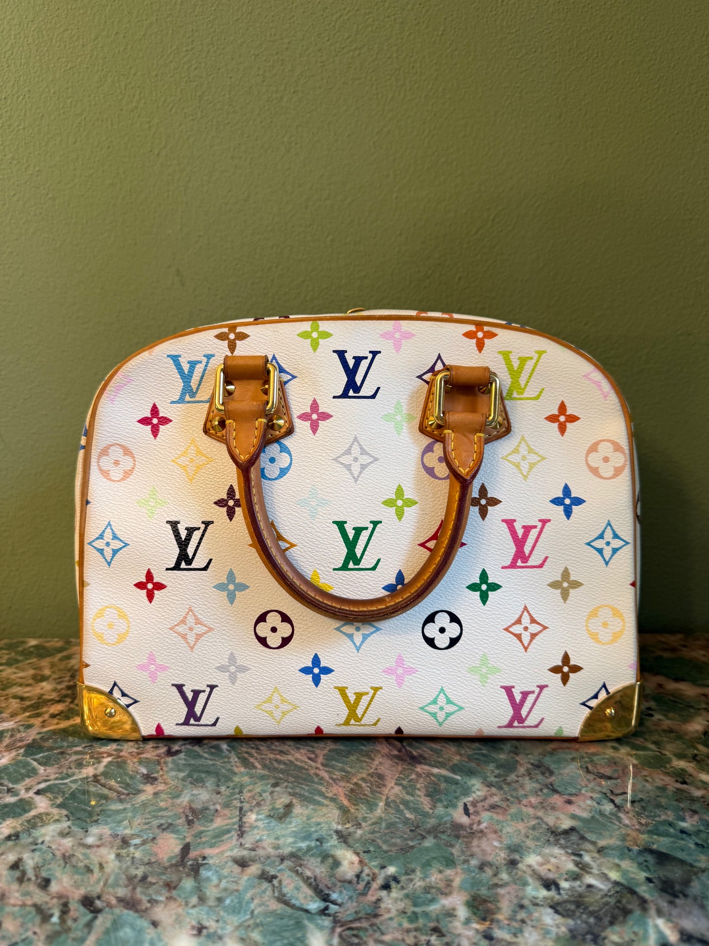 TAKASHI MURAKAMI X LOUIS VUITTON WHITE MULTICOLOR TROUVILLE HANDBAG
