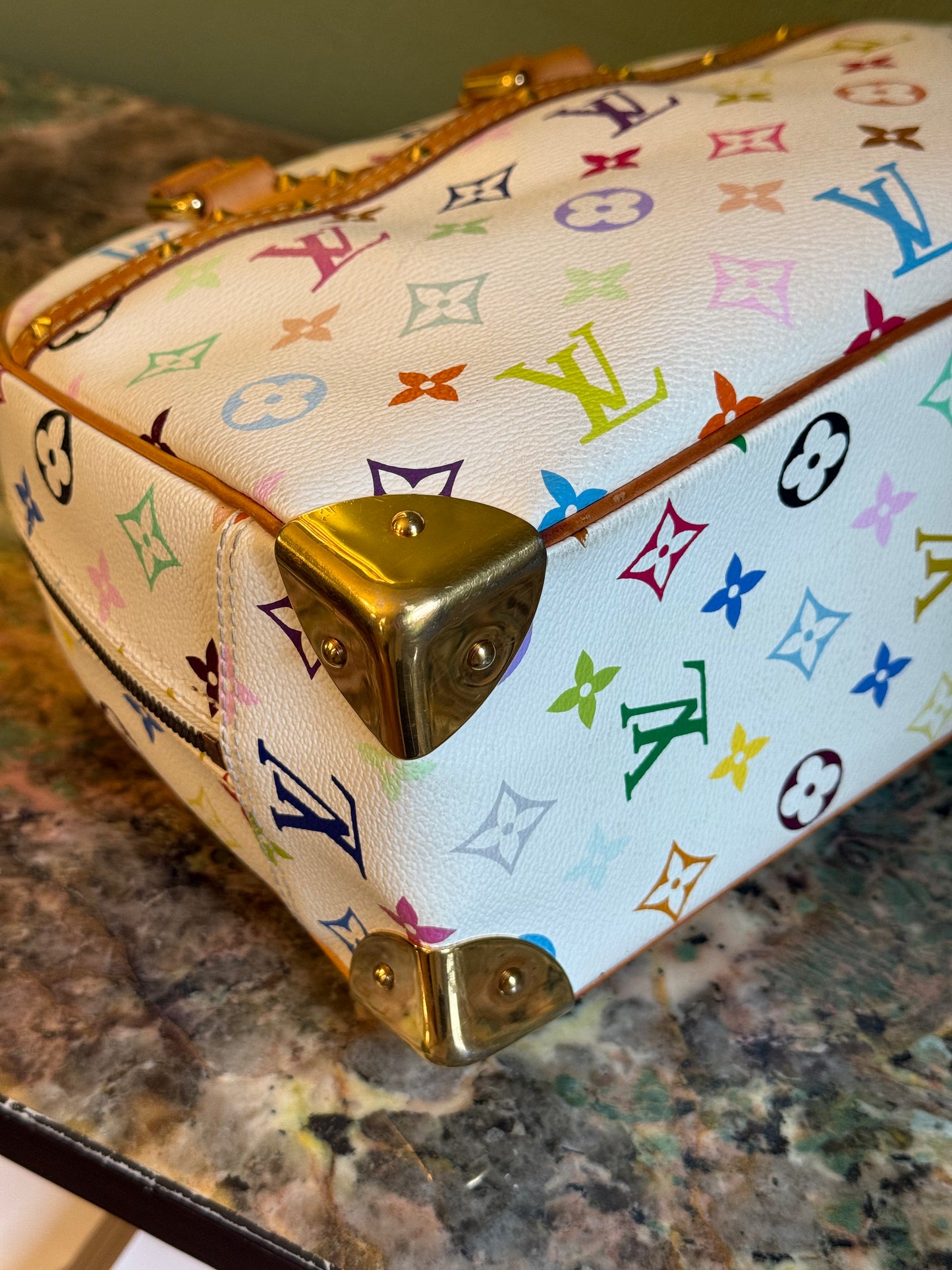 TAKASHI MURAKAMI X LOUIS VUITTON WHITE MULTICOLOR TROUVILLE HANDBAG