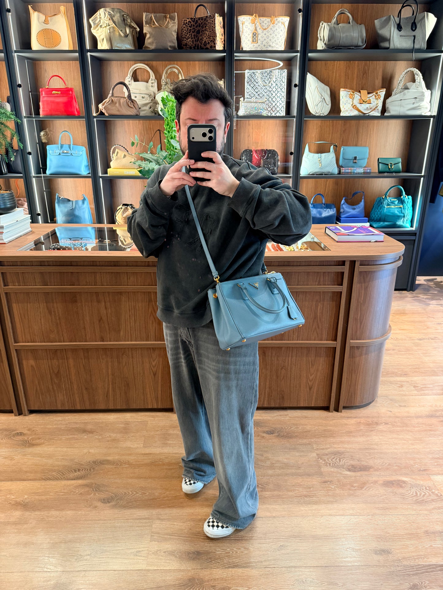 PRADA LIGHT BLUE SAFFIANO SMALL GALLERIA HANDBAG