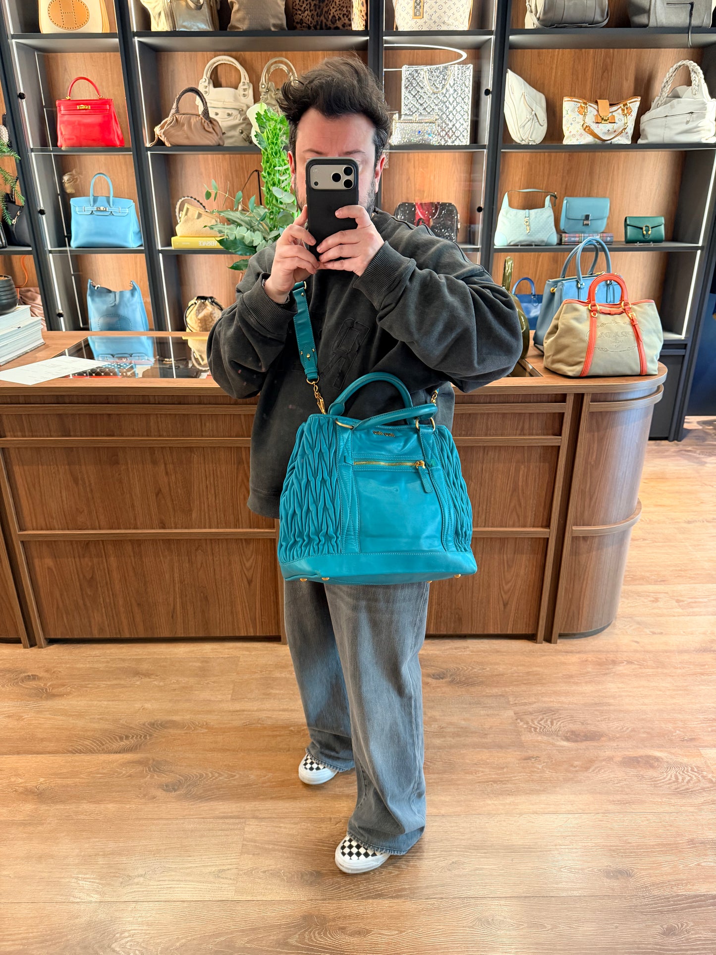 MIU MIU GREEN LARGE GOFFRATO TWO WAY HANDBAG