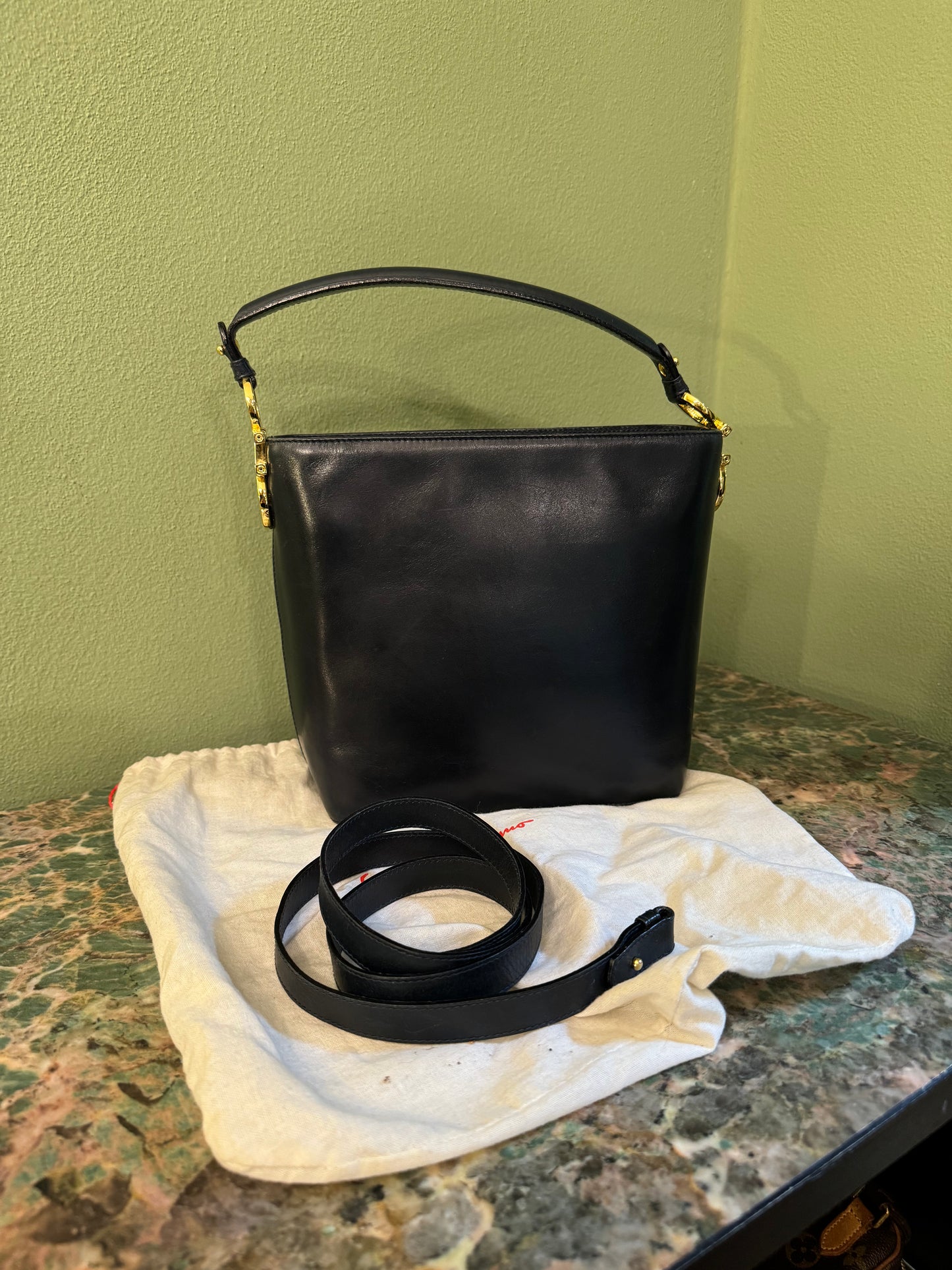SALVATORE FERRAGAMO NAVY TOP HANDLE BAG WITH REMOVABLE STRAP