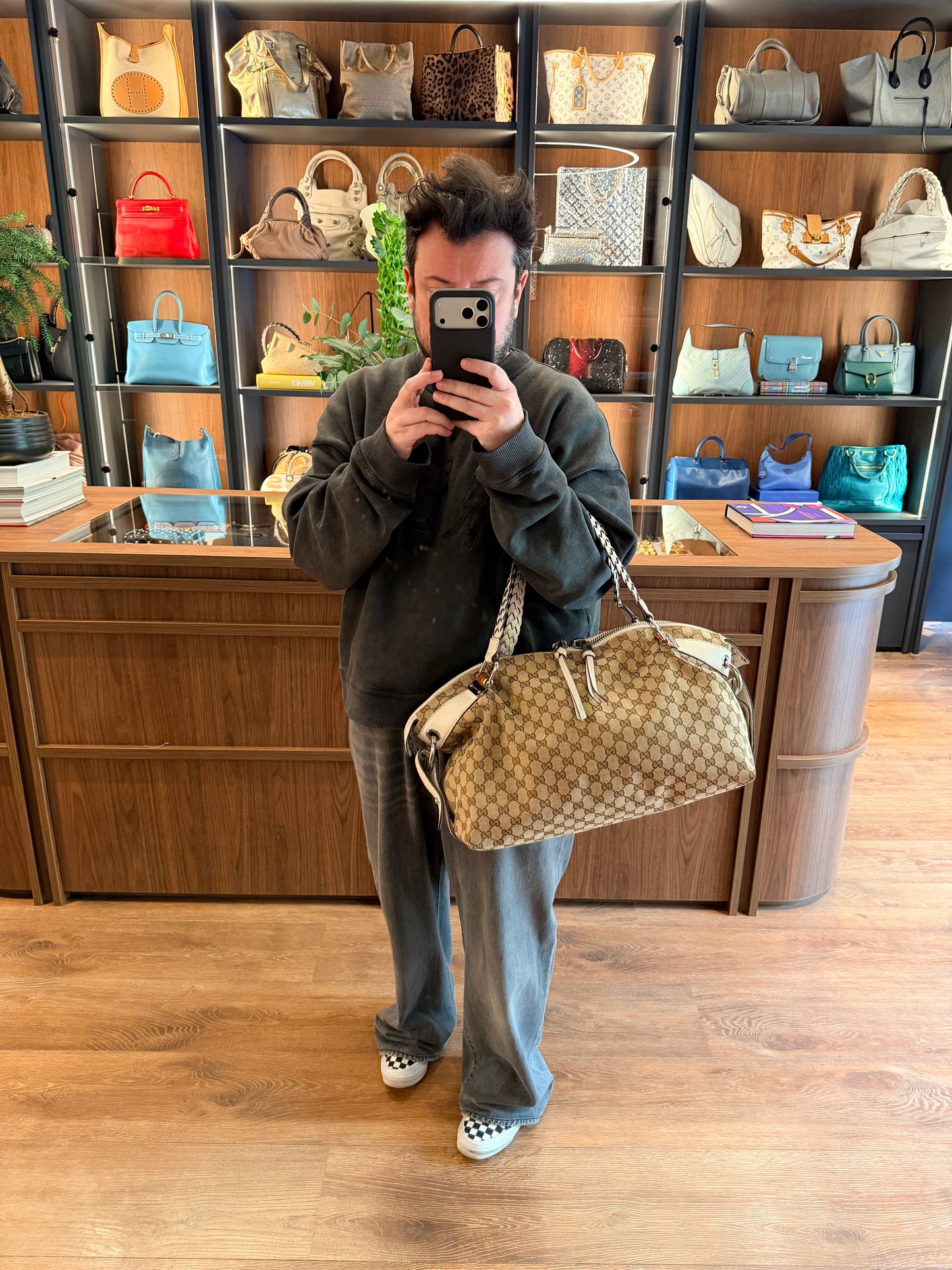 GUCCI MONOGRAM BAMBOO BAR TOTE BAG