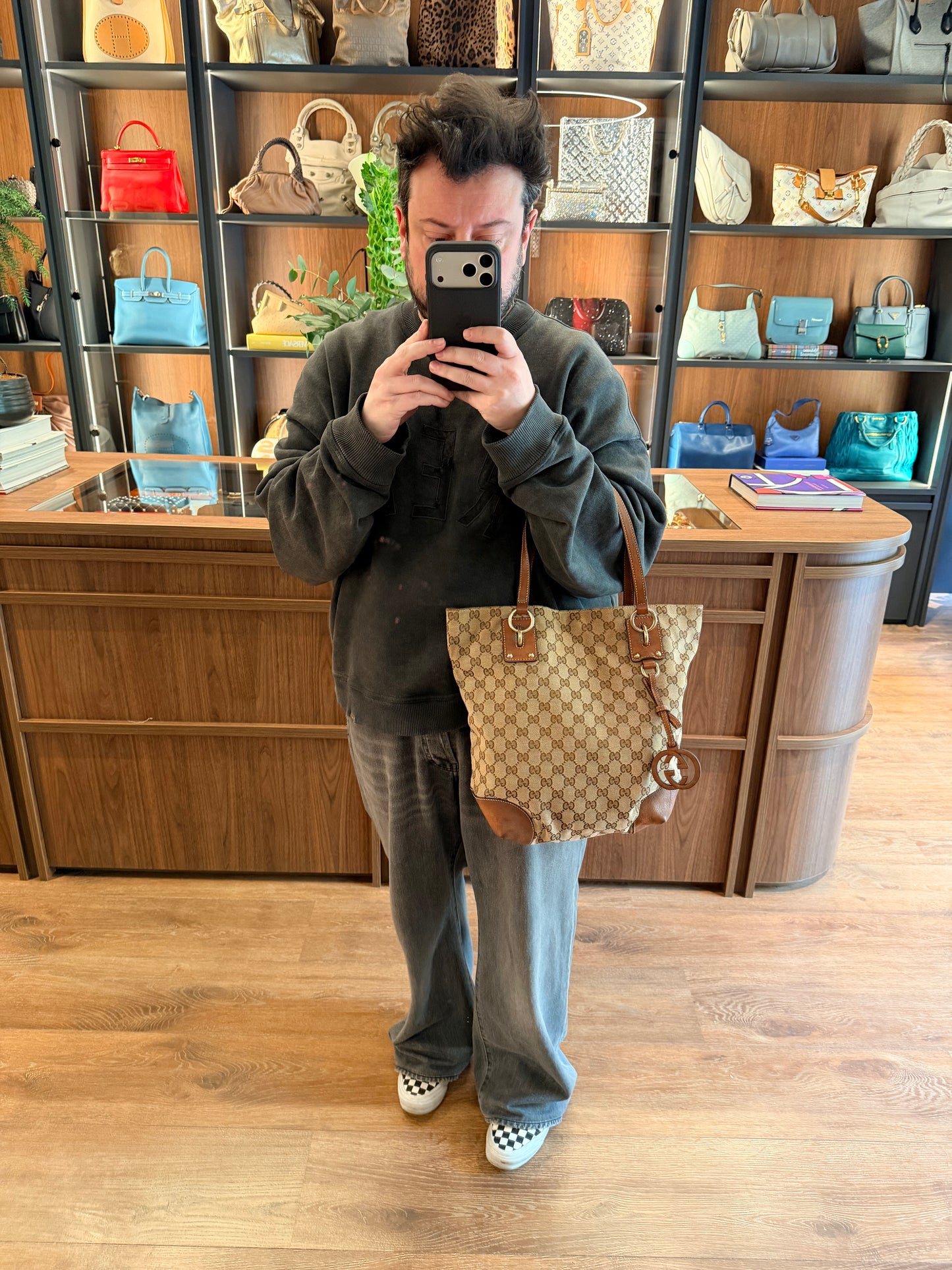 GUCCI BROWN MONOGRAM CHARM TOTE BAG