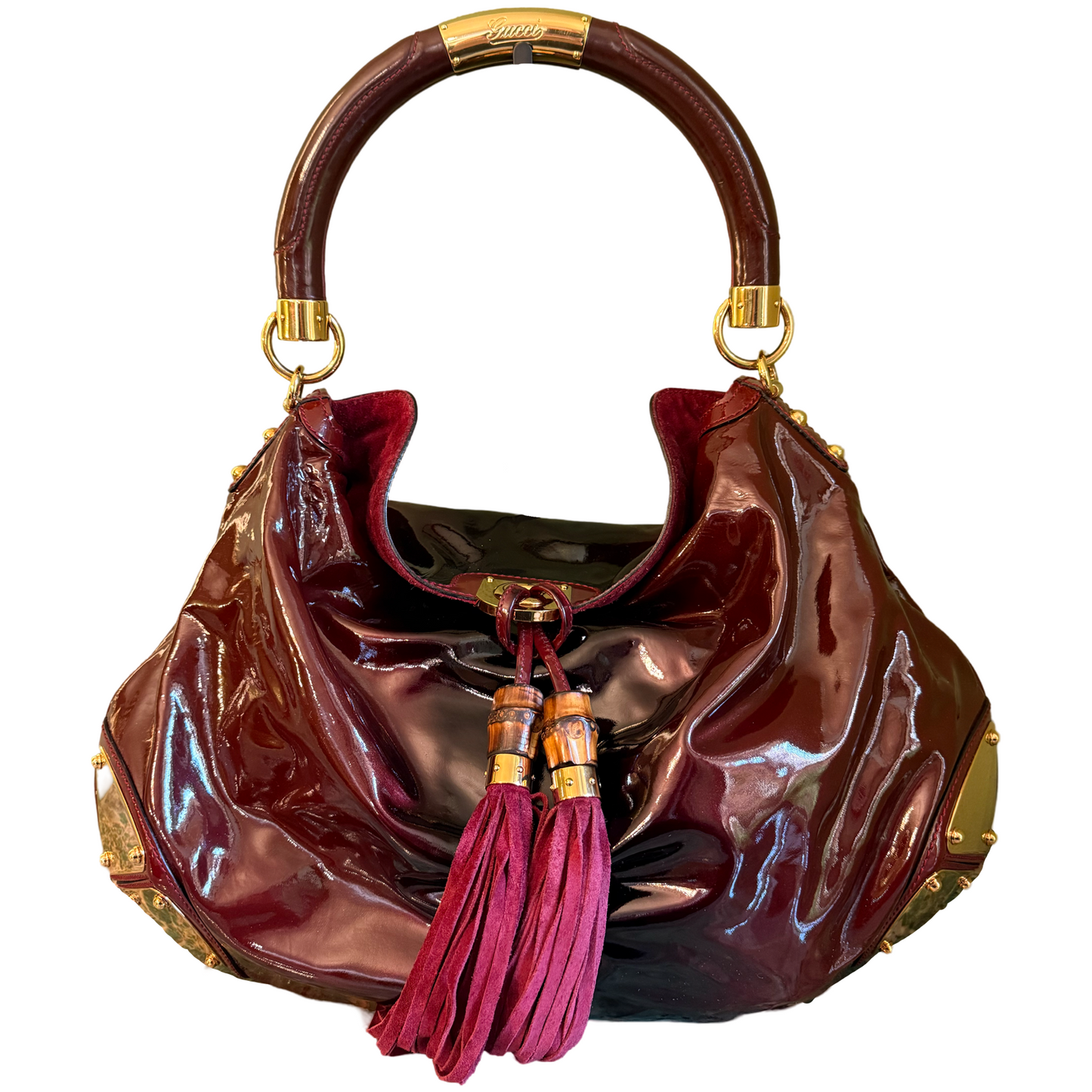 GUCCI BORDEAUX PATENT LARGE INDY SHOULDER BAG