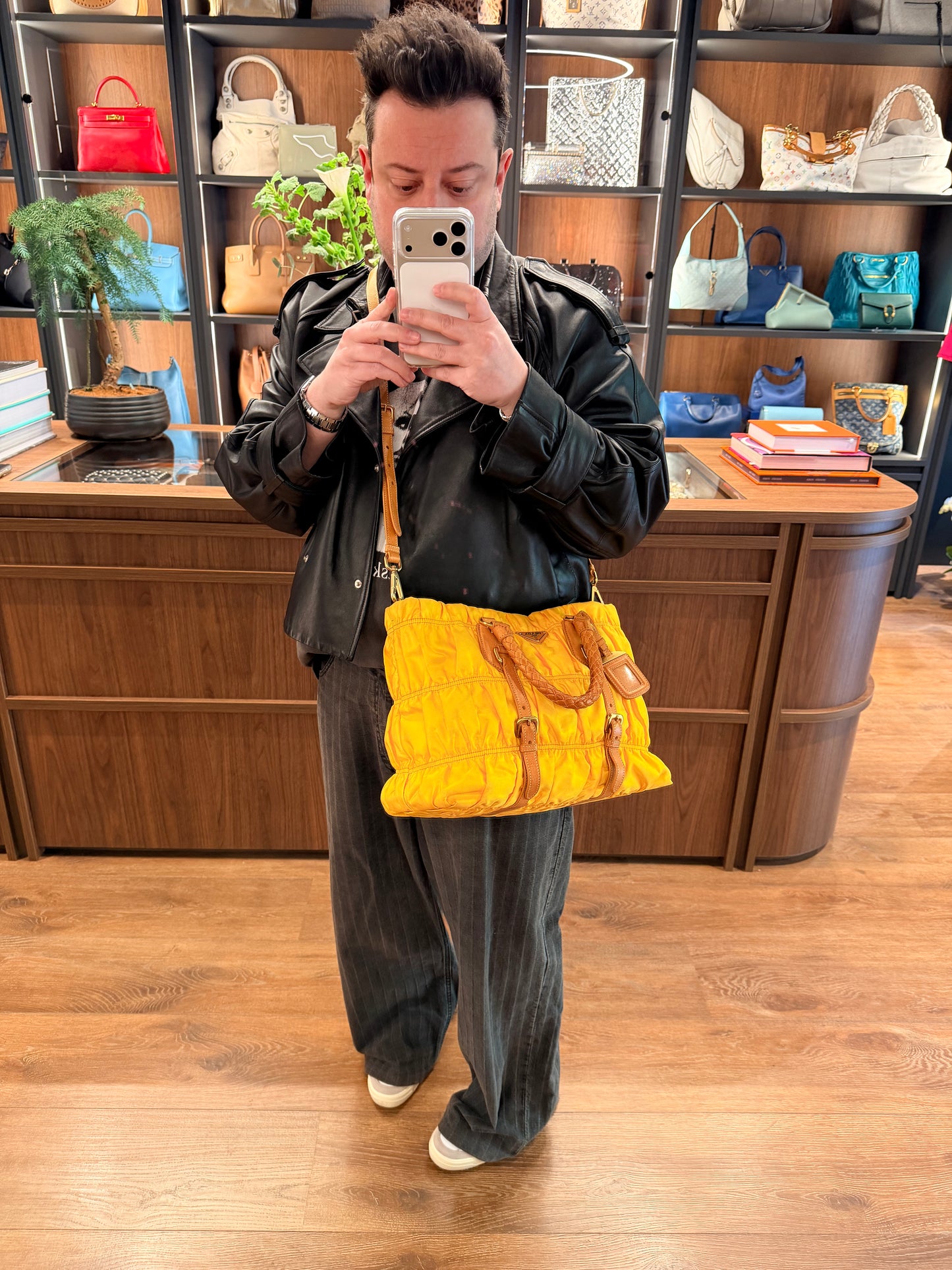 PRADA NYLON YELLOW GOFFRATO TWO WAY HANDBAG