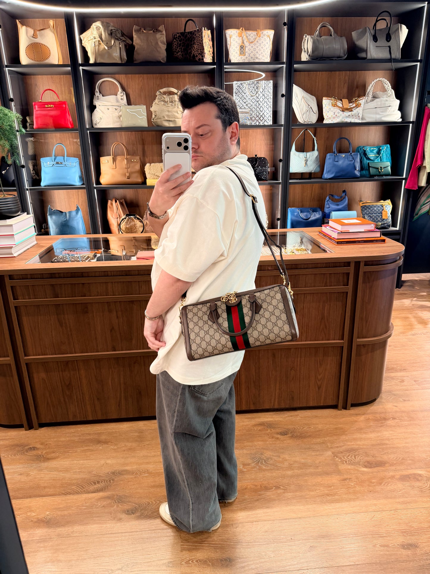 GUCCI GG SUPREME OPHIDIA EAST WEST BOSTON BAG