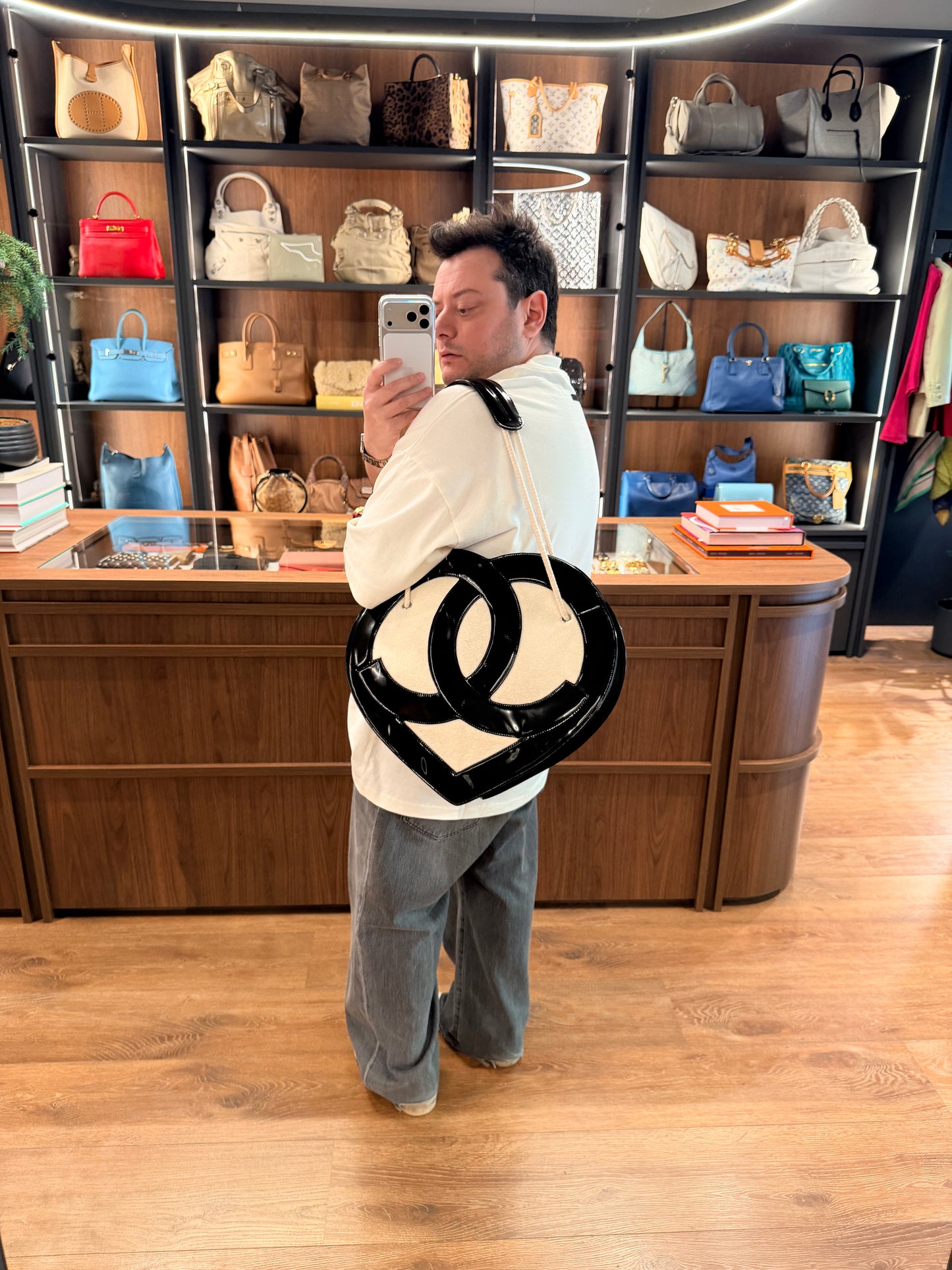 CHANEL TERRY COTTON AND PATENT HEART TOTE BAG