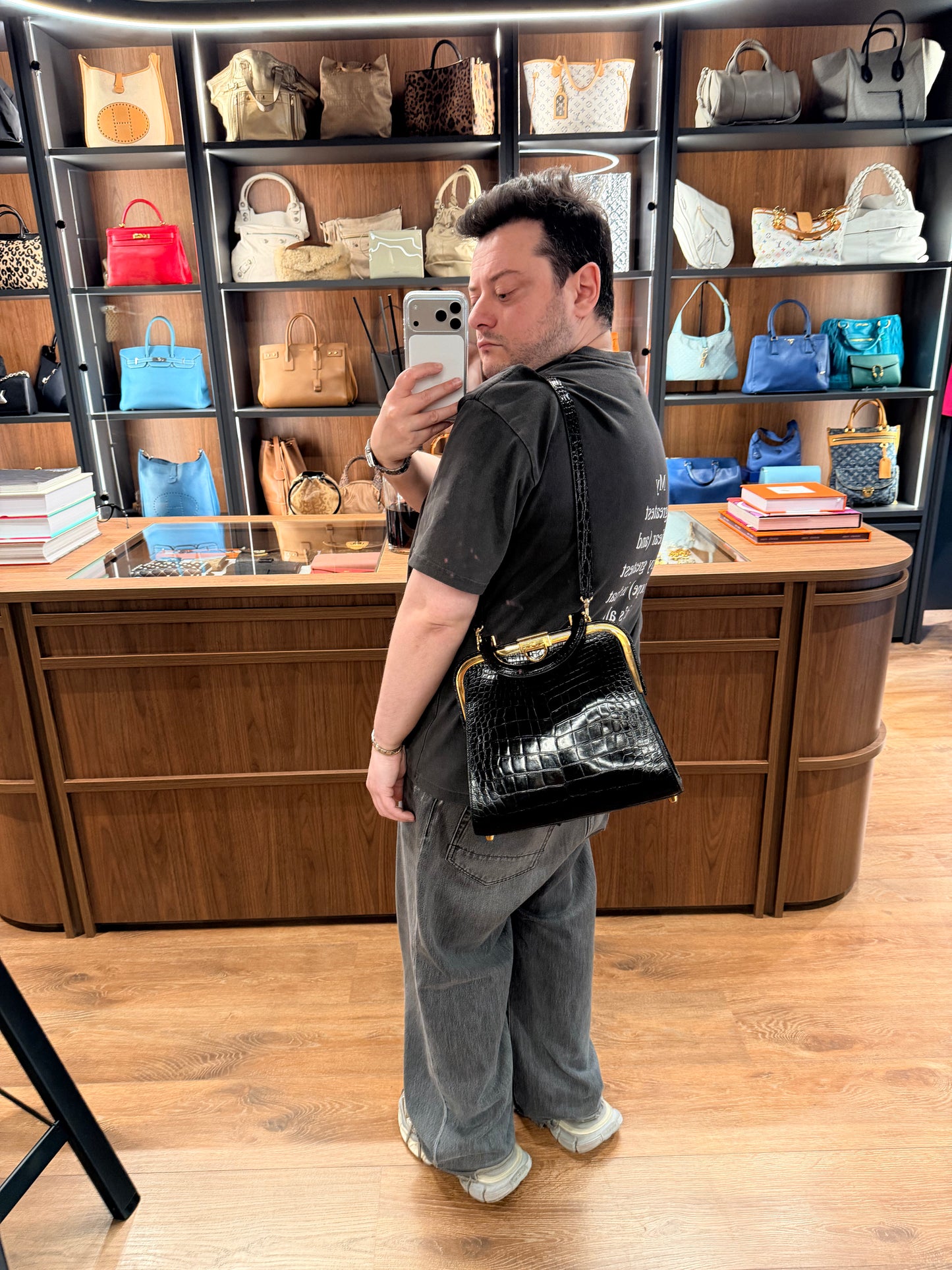 DIOR BLACK SHINY CROCODILE FRAME HANDBAG