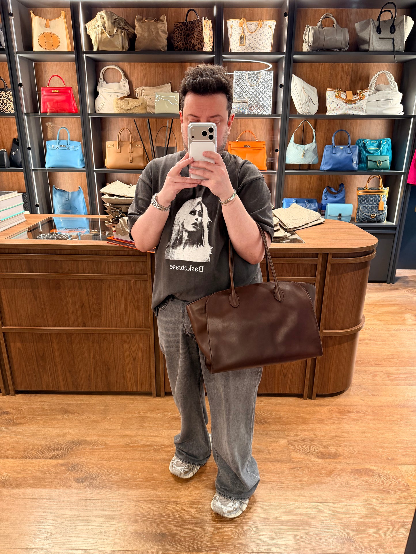 THE ROW BROWN SADDLE LEATHER MARLO 14 SHOULDER BAG
