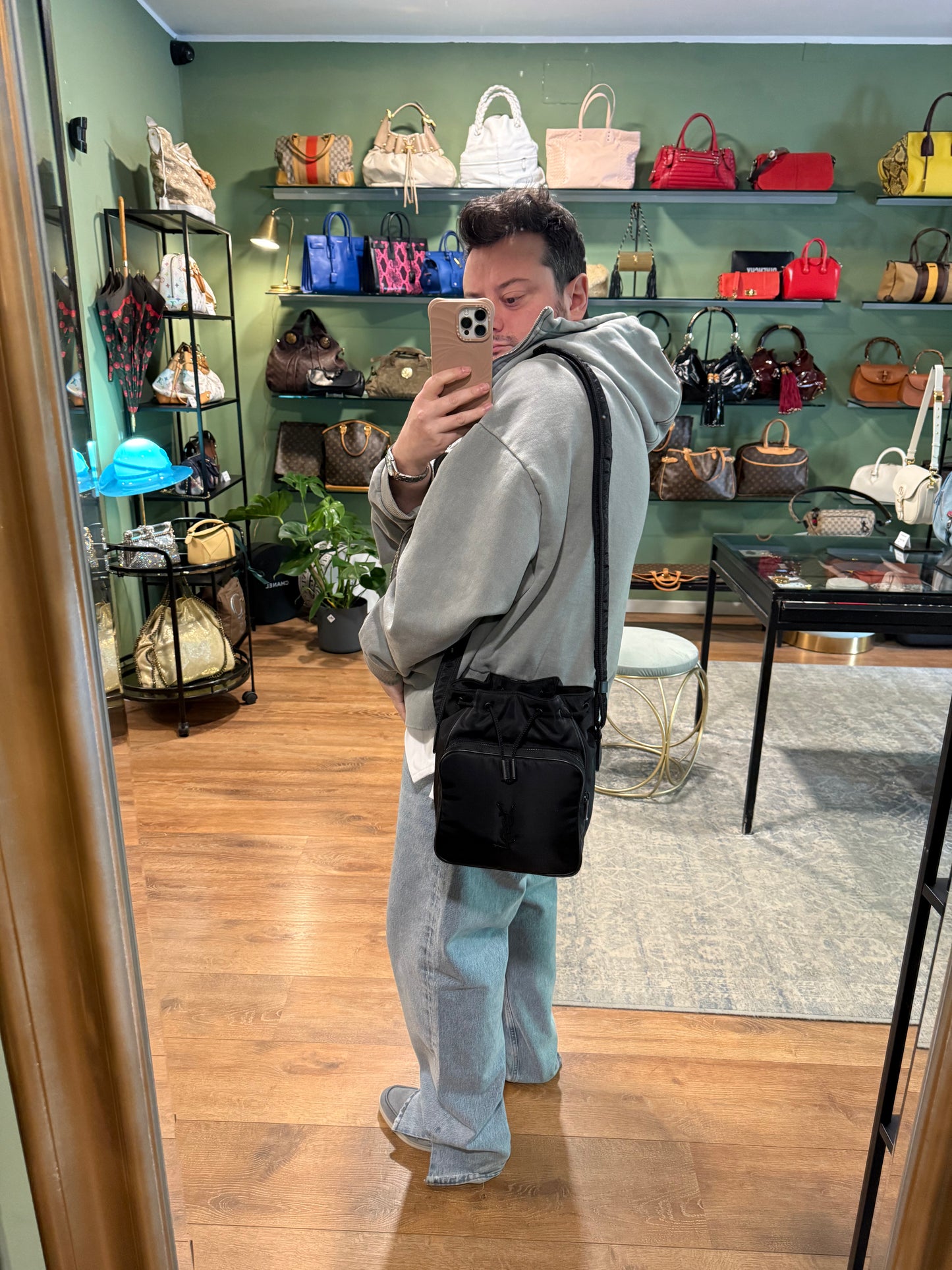 SAINT LAURENT BLACK NYLON NIKI BUCKET CROSSBODY BAG