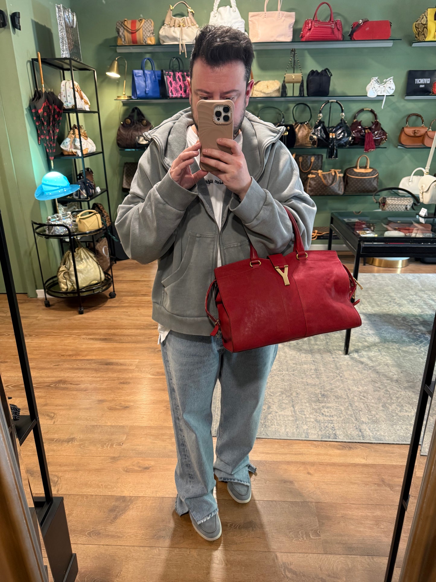 SAINT LAURENT RED MEDIUM CABAS CHIC BOSTON BAG