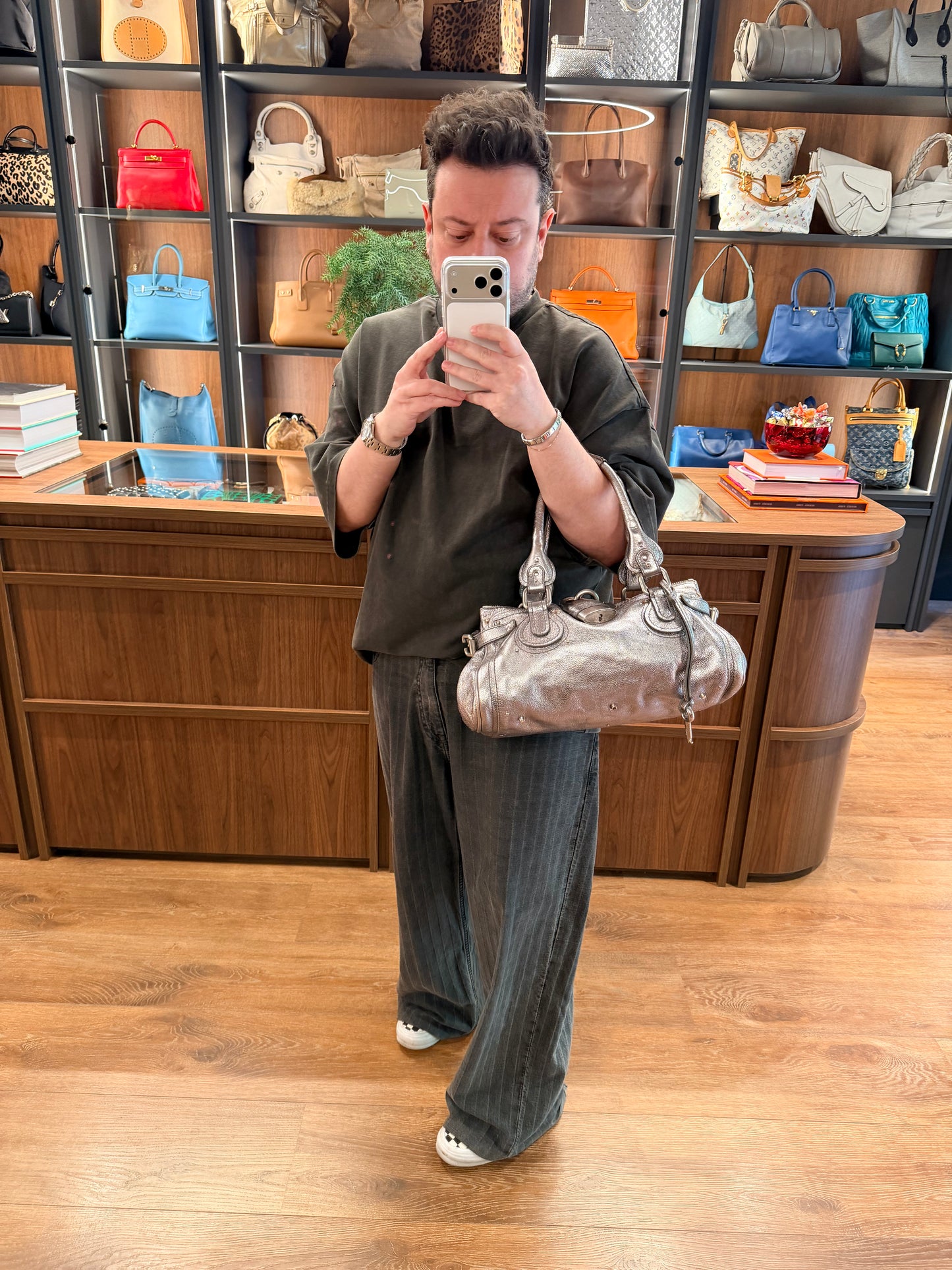 CHLOE SILVER LEATHER PADDINGTON HANDBAG