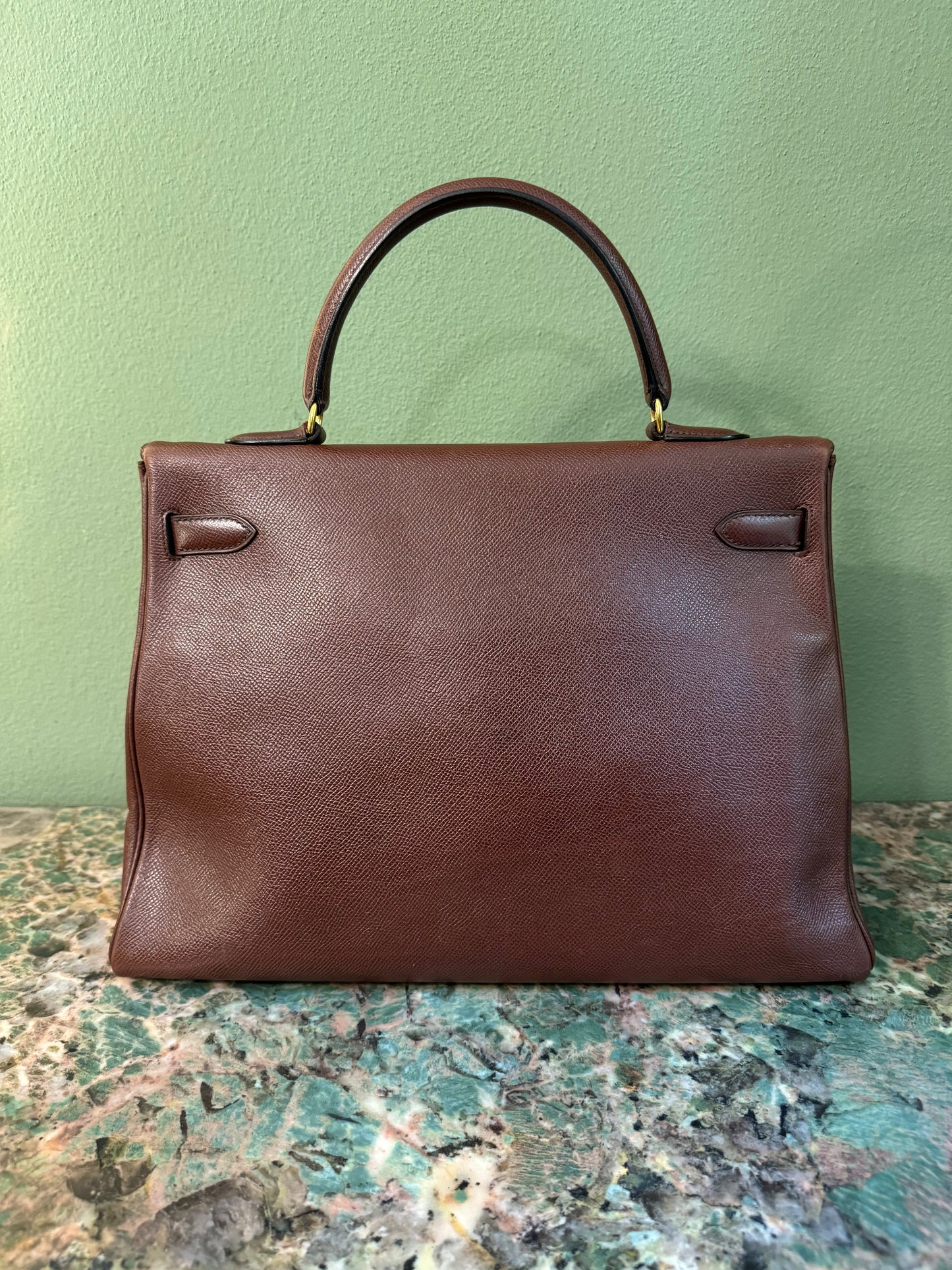 HERMÈS BROWN COURCHEVEL KELLY 35 HANDBAG