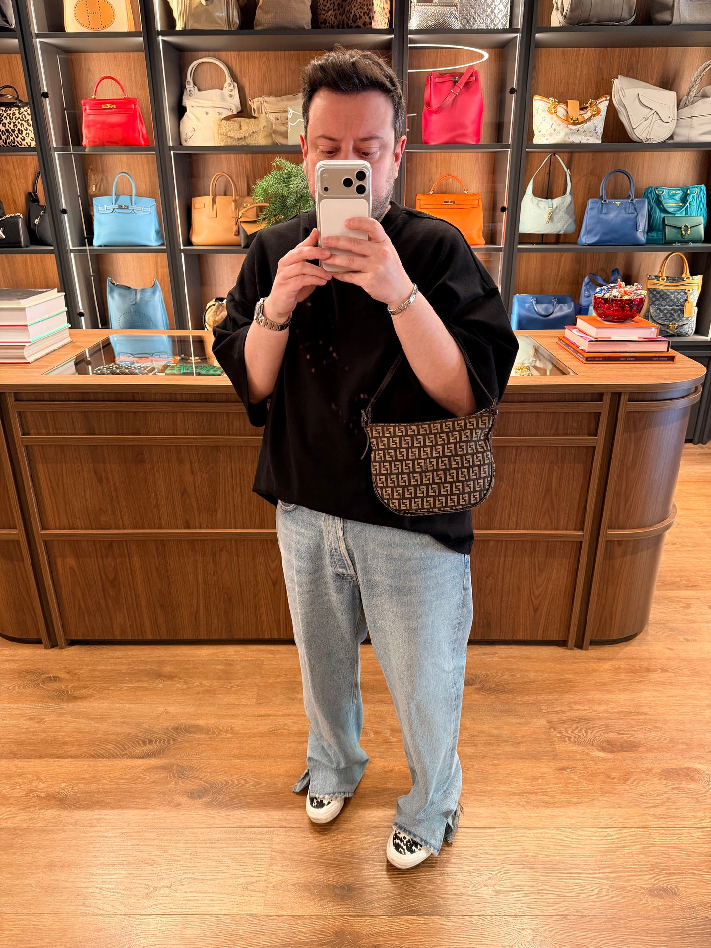 FENDI DARK BROWN ZUCCHINO HALF MOON SHOULDER BAG