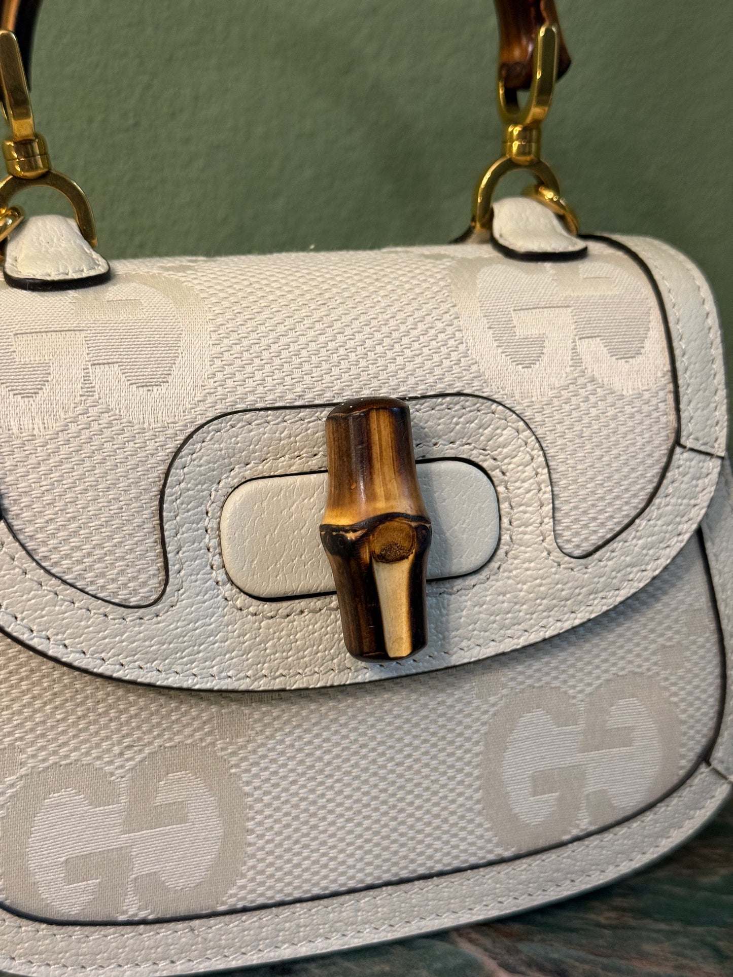 GUCCI WHITE GIANT MONOGRAM MINI BAMBOO 1947 HANDBAG