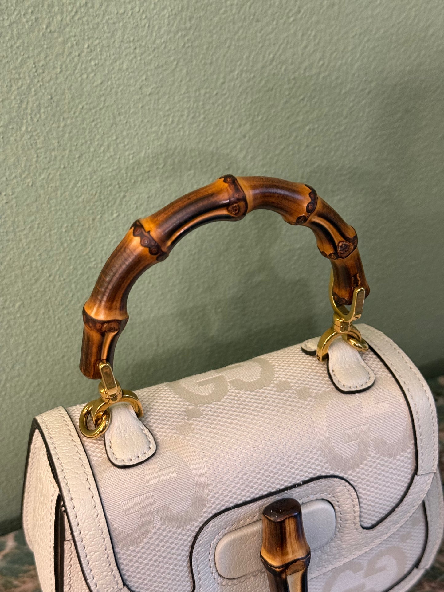 GUCCI WHITE GIANT MONOGRAM MINI BAMBOO 1947 HANDBAG