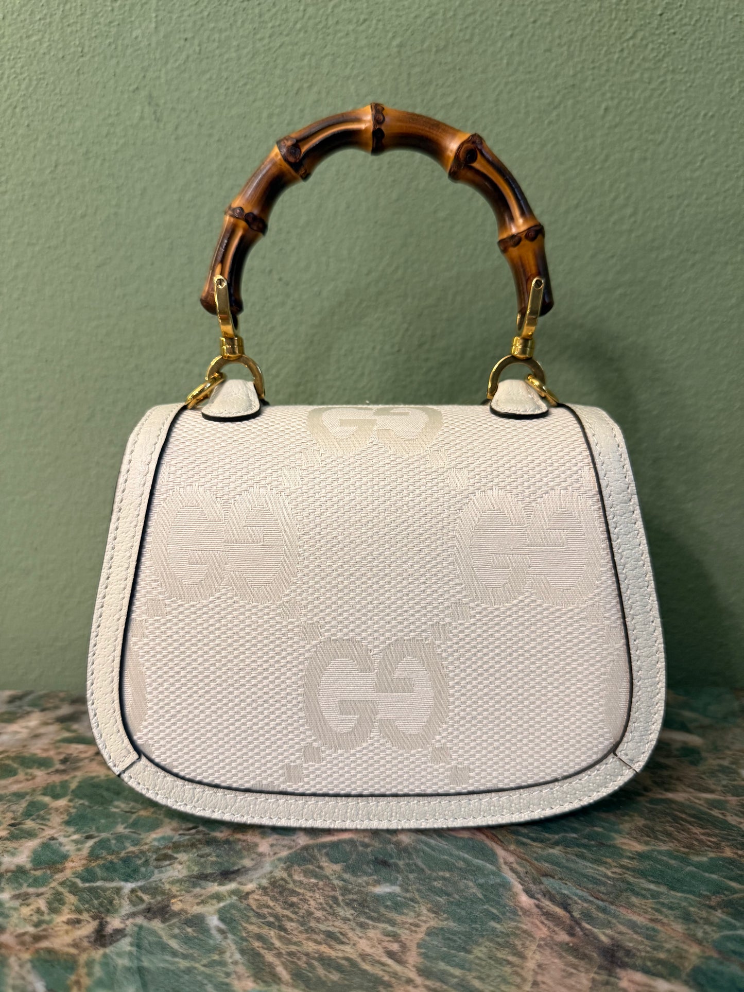 GUCCI WHITE GIANT MONOGRAM MINI BAMBOO 1947 HANDBAG