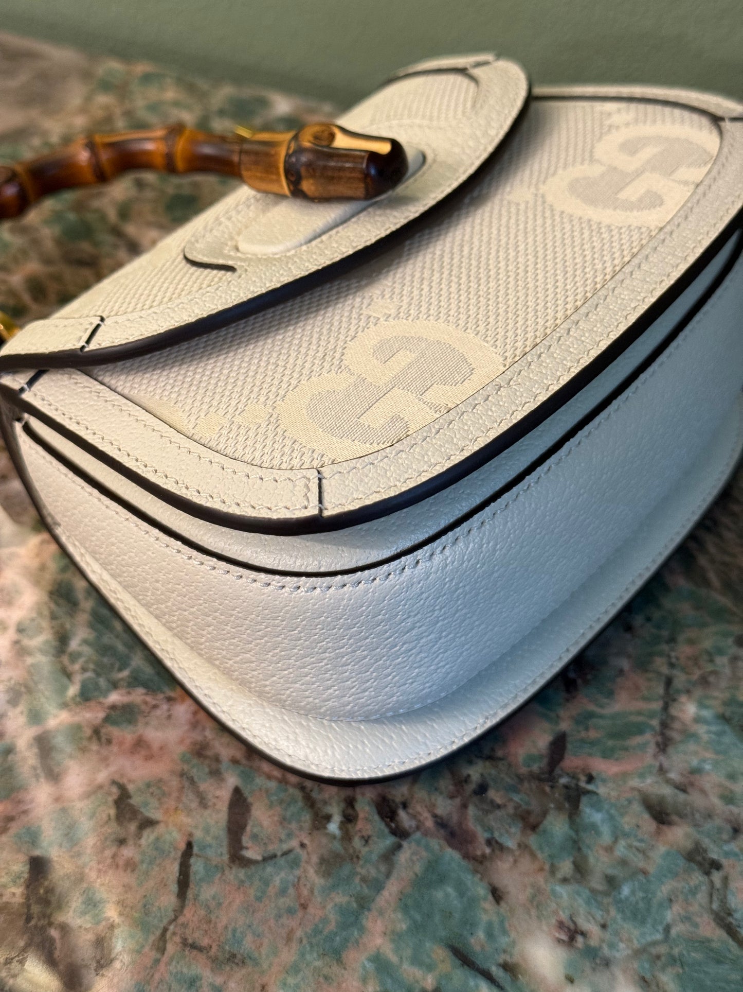GUCCI WHITE GIANT MONOGRAM MINI BAMBOO 1947 HANDBAG