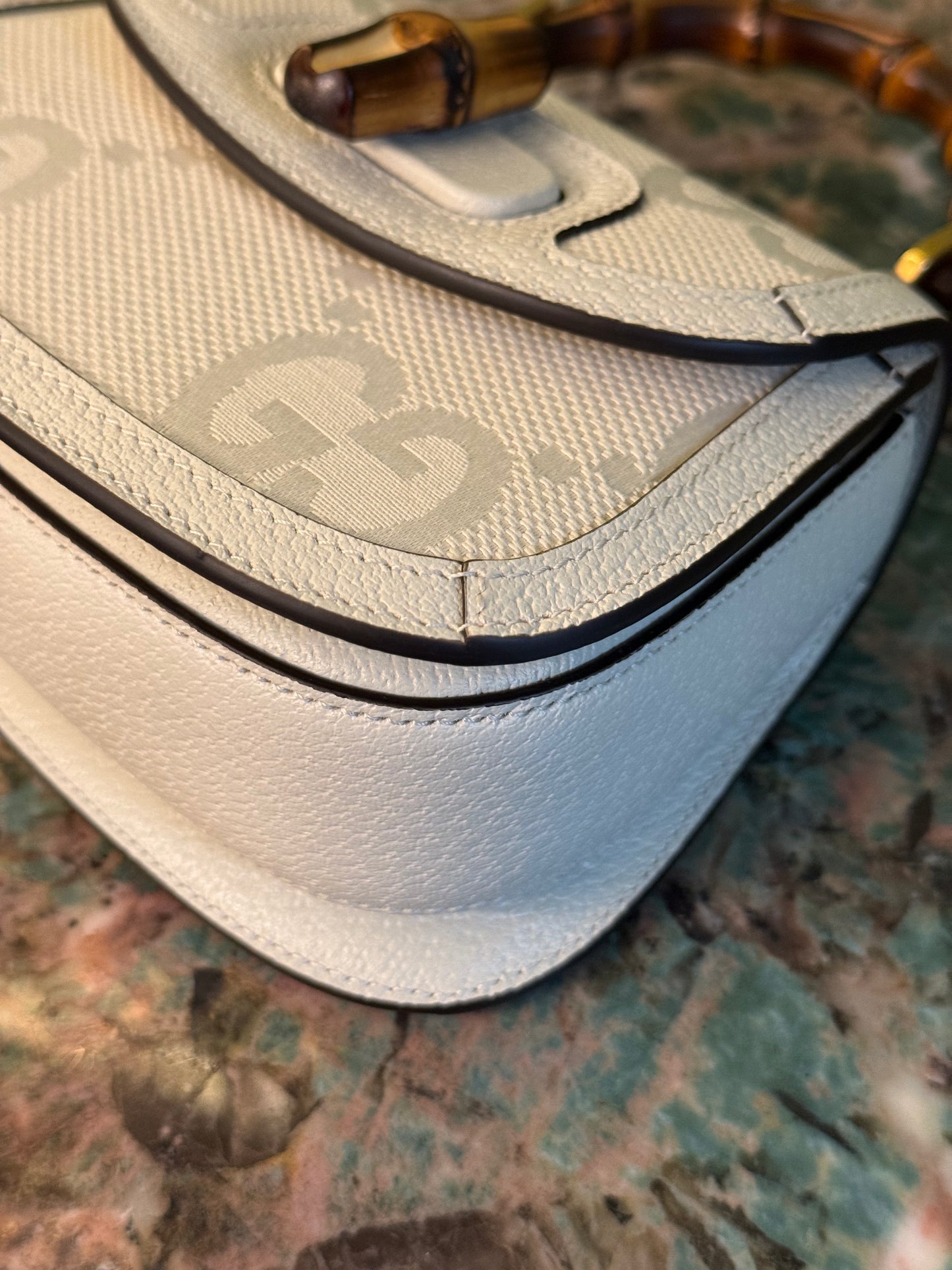 GUCCI WHITE GIANT MONOGRAM MINI BAMBOO 1947 HANDBAG