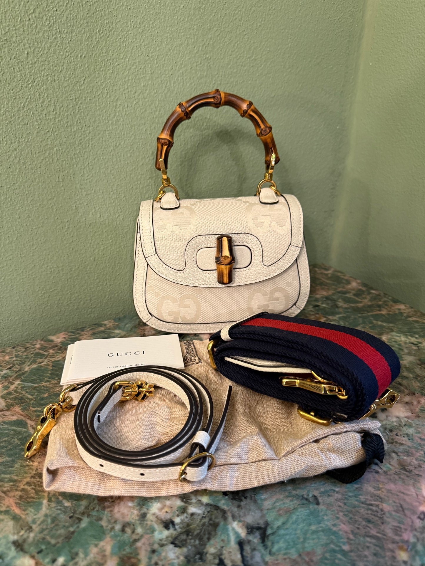 GUCCI WHITE GIANT MONOGRAM MINI BAMBOO 1947 HANDBAG