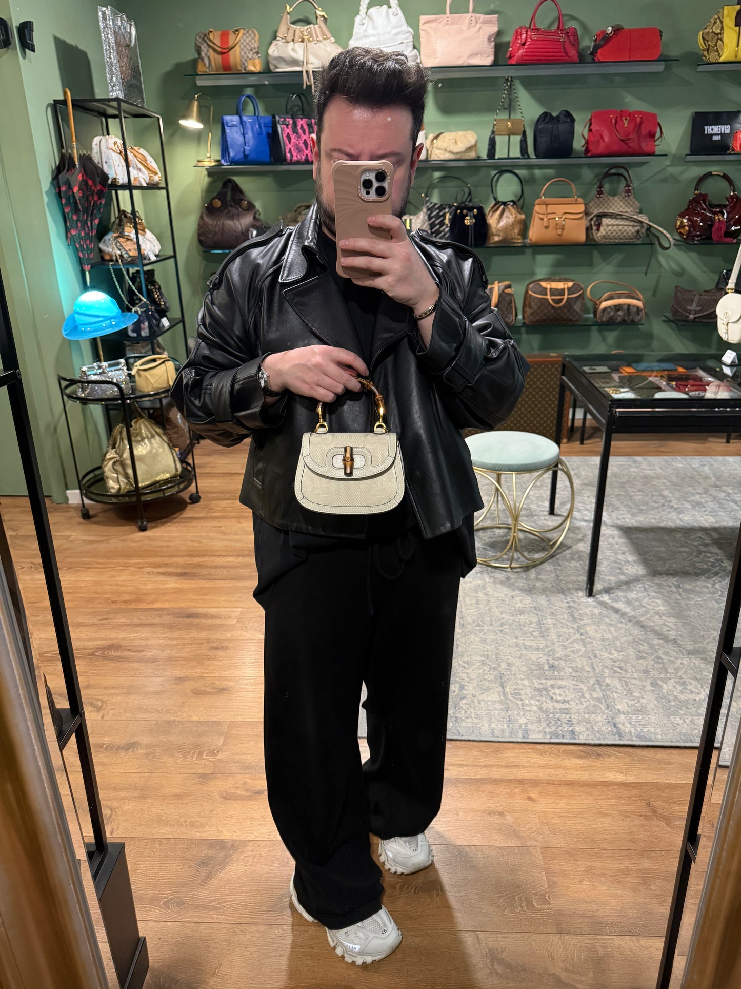 GUCCI WHITE GIANT MONOGRAM MINI BAMBOO 1947 HANDBAG