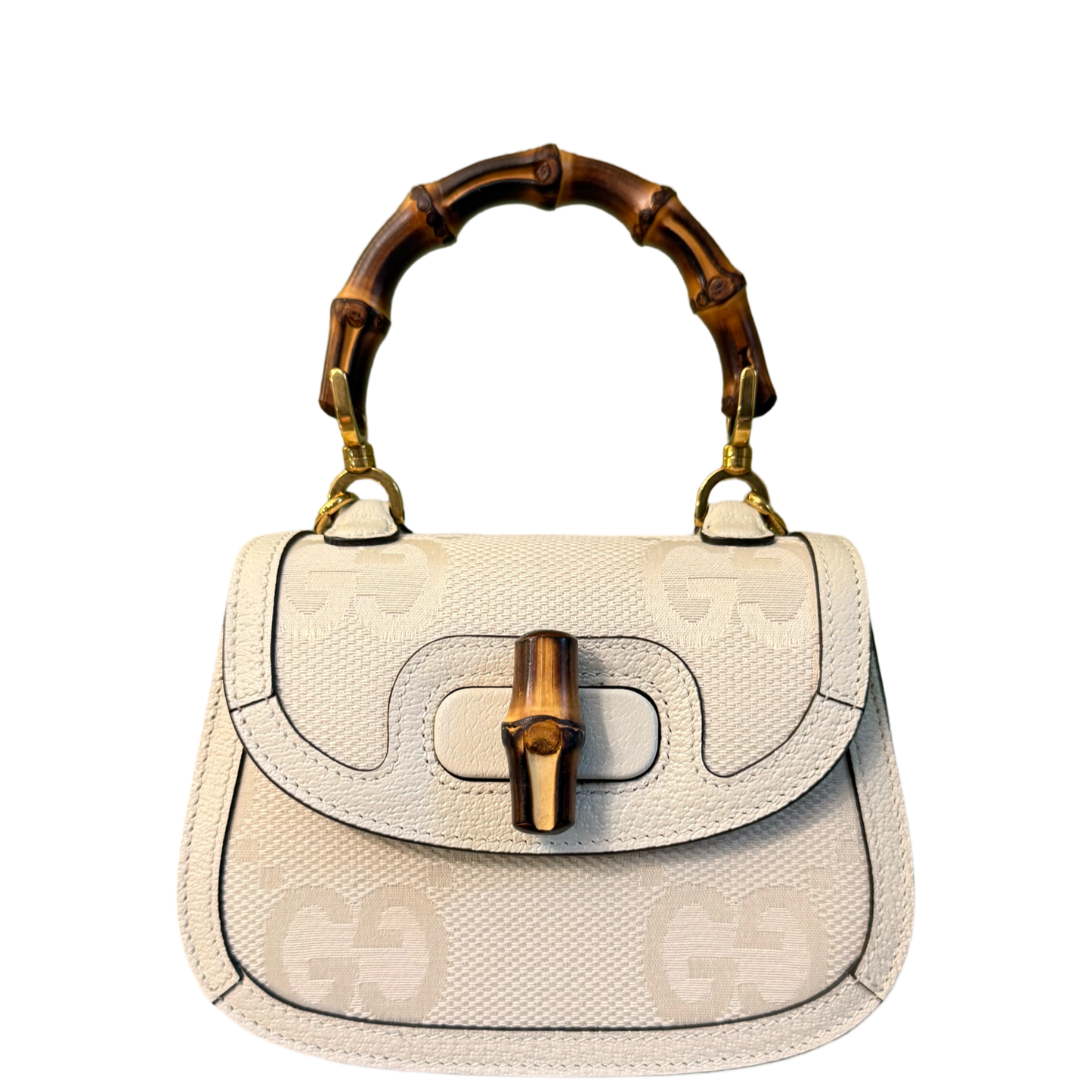 GUCCI WHITE GIANT MONOGRAM MINI BAMBOO 1947 HANDBAG