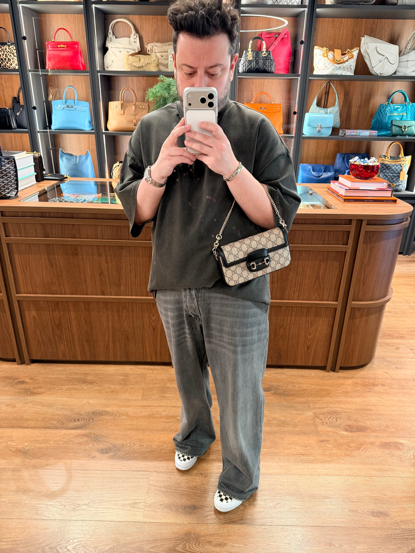 GUCCI GG SUPREME SMALL HORSEBIT 1955 SOFT SHOULDER BAG