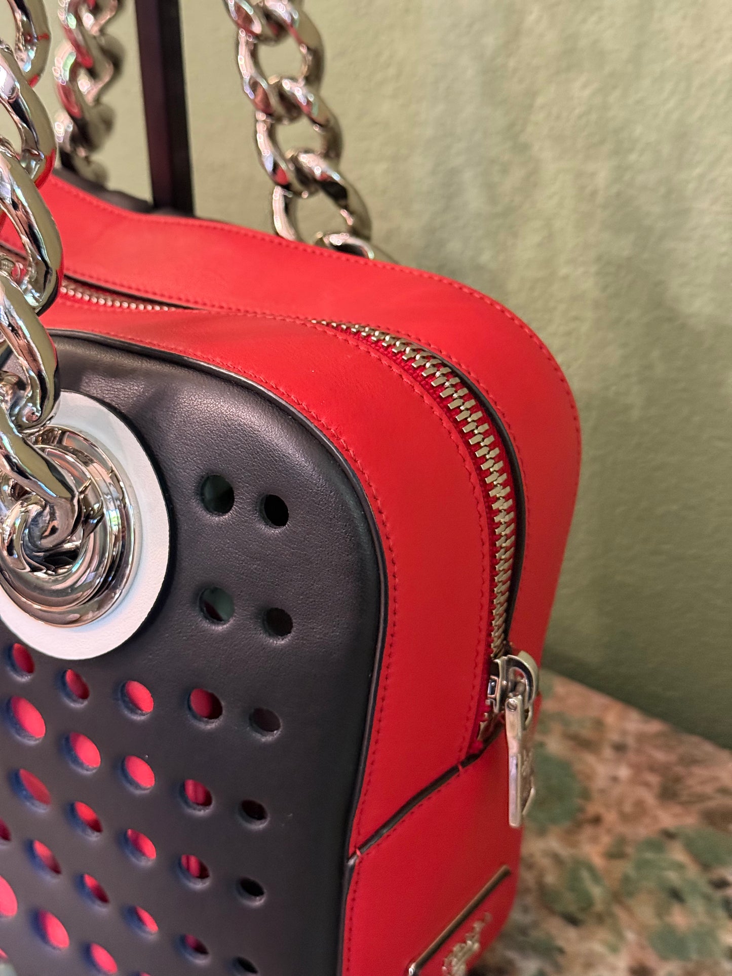 PRADA PERFORATED BI COLOR CHAIN HANDBAG