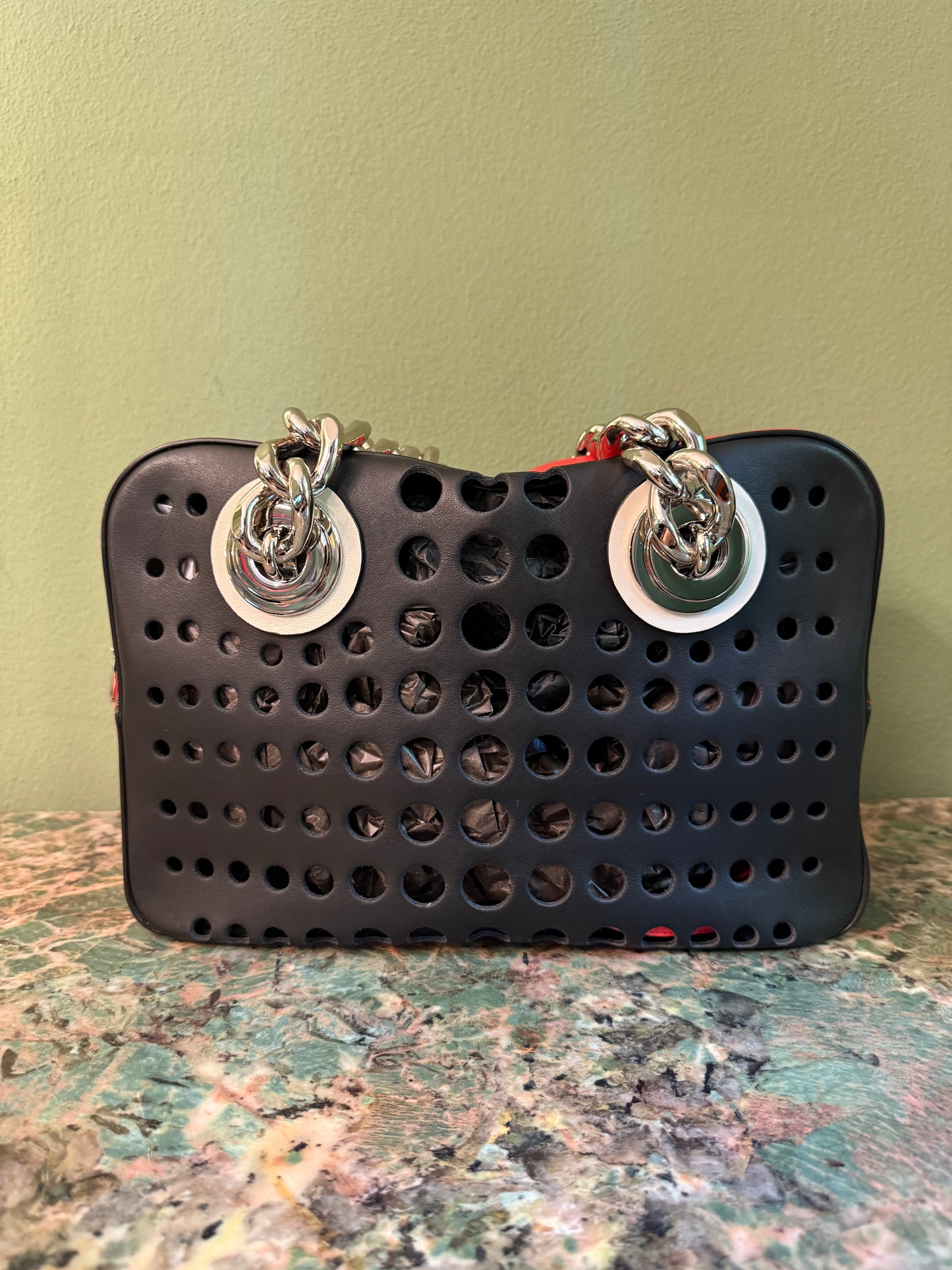 PRADA PERFORATED BI COLOR CHAIN HANDBAG
