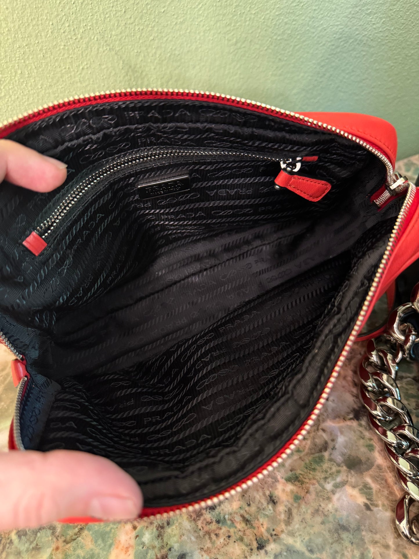 PRADA PERFORATED BI COLOR CHAIN HANDBAG