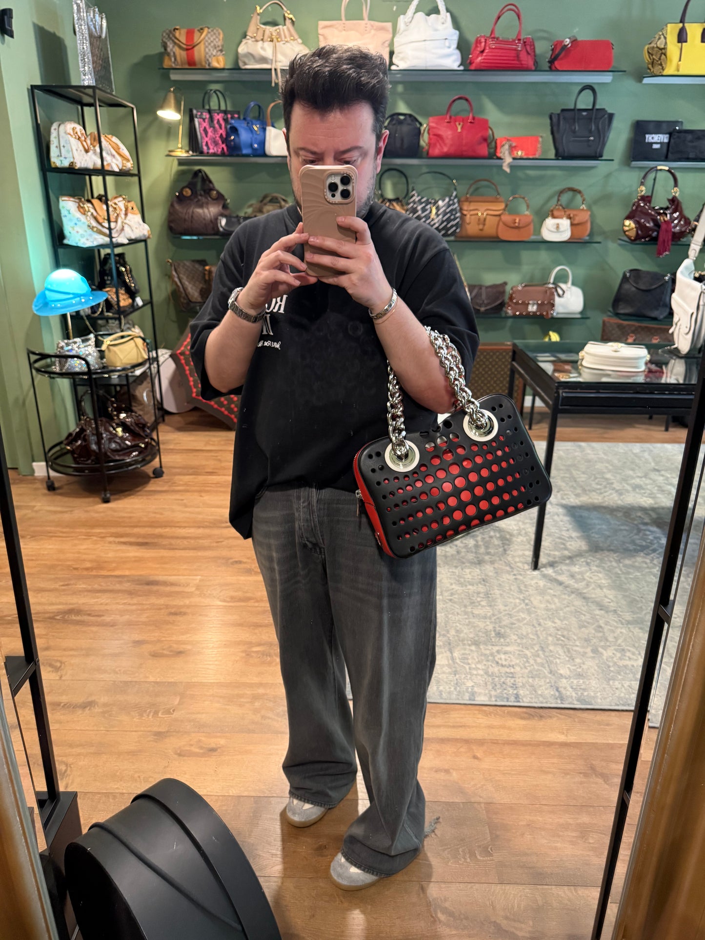 PRADA PERFORATED BI COLOR CHAIN HANDBAG