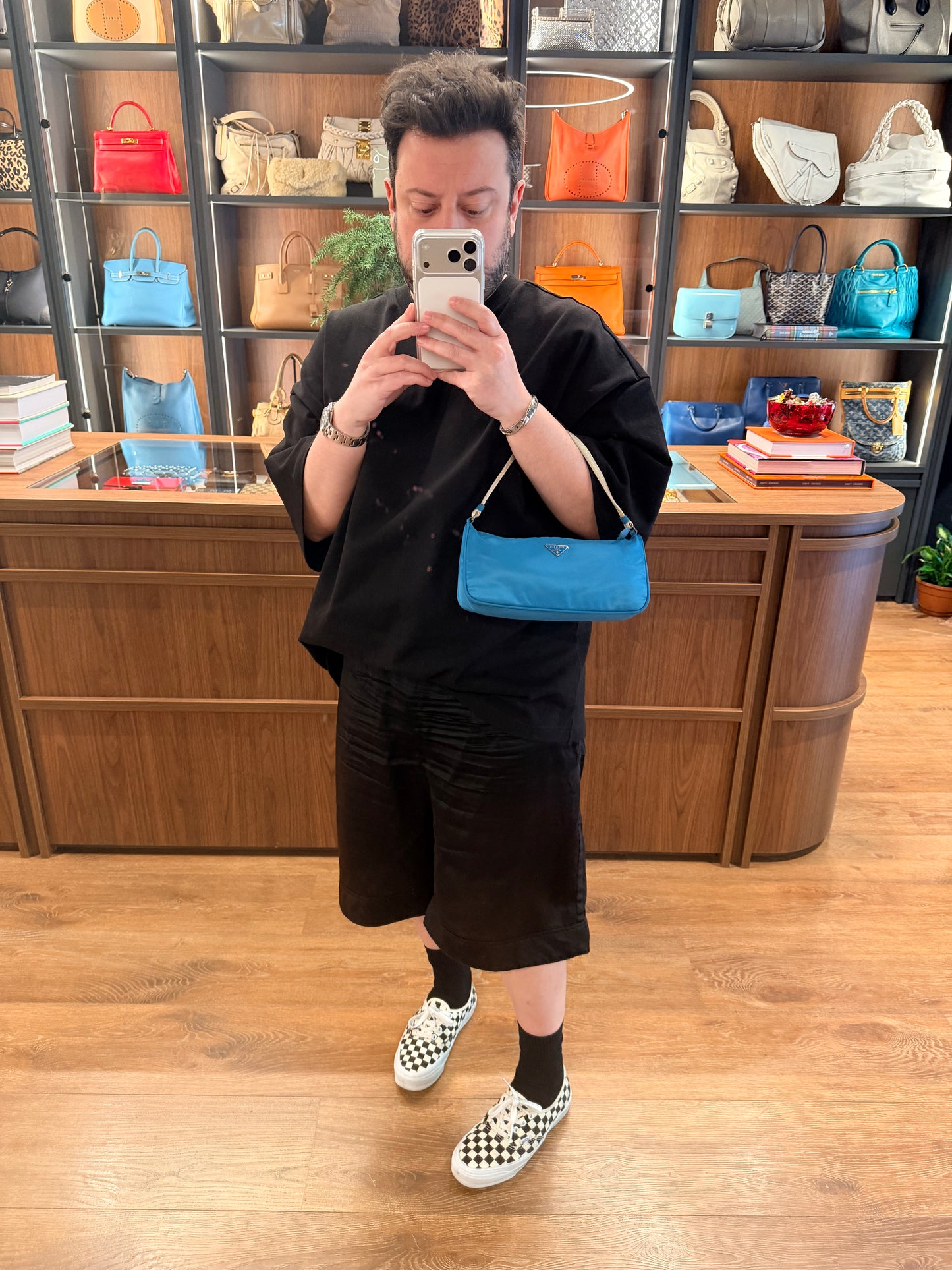 PRADA LIGHT BLUE NYLON EAST WEST SHOULDER BAG