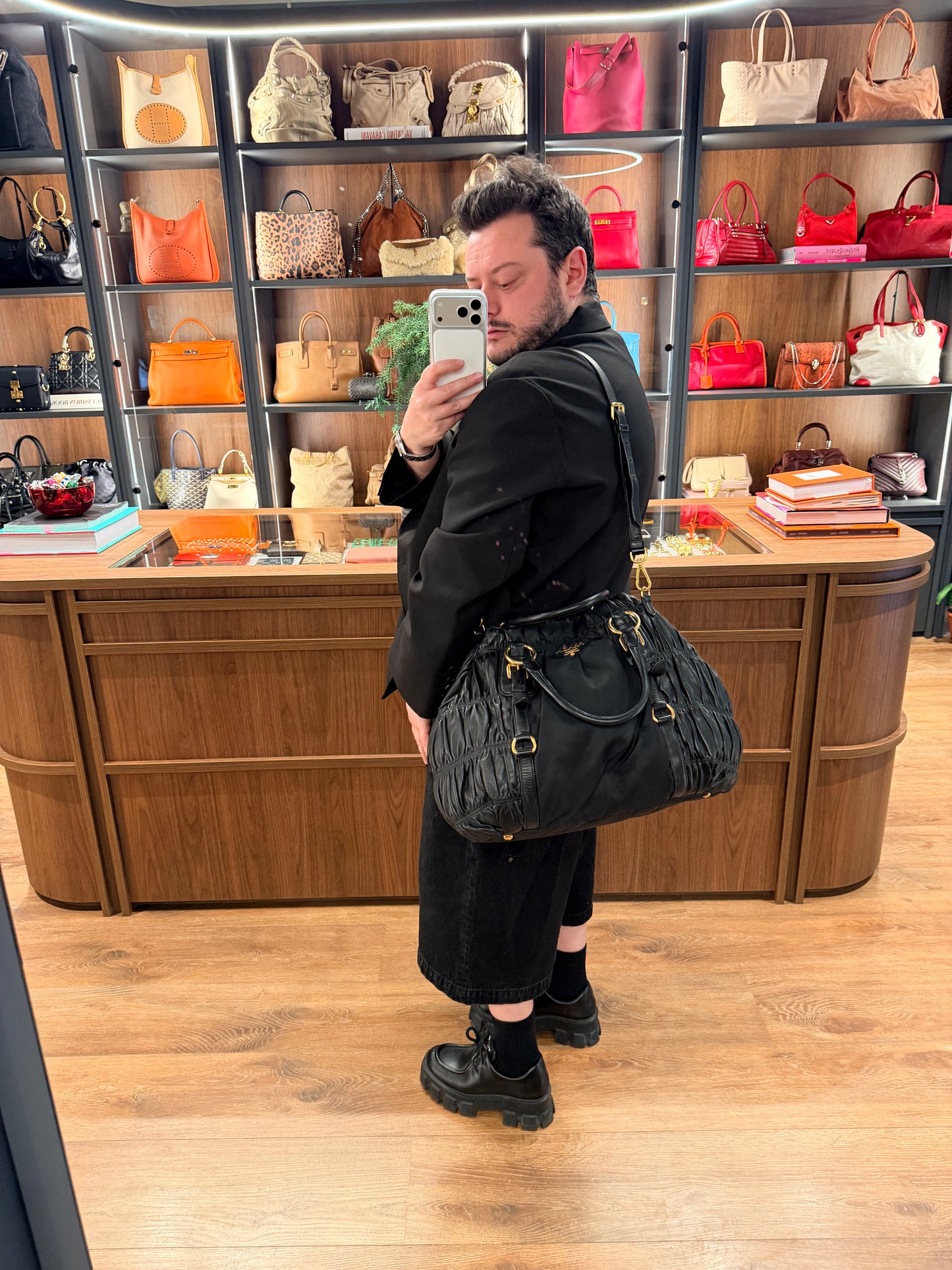 PRADA BLACK GOFFRATO & NYLON TWO WAY HANDBAG