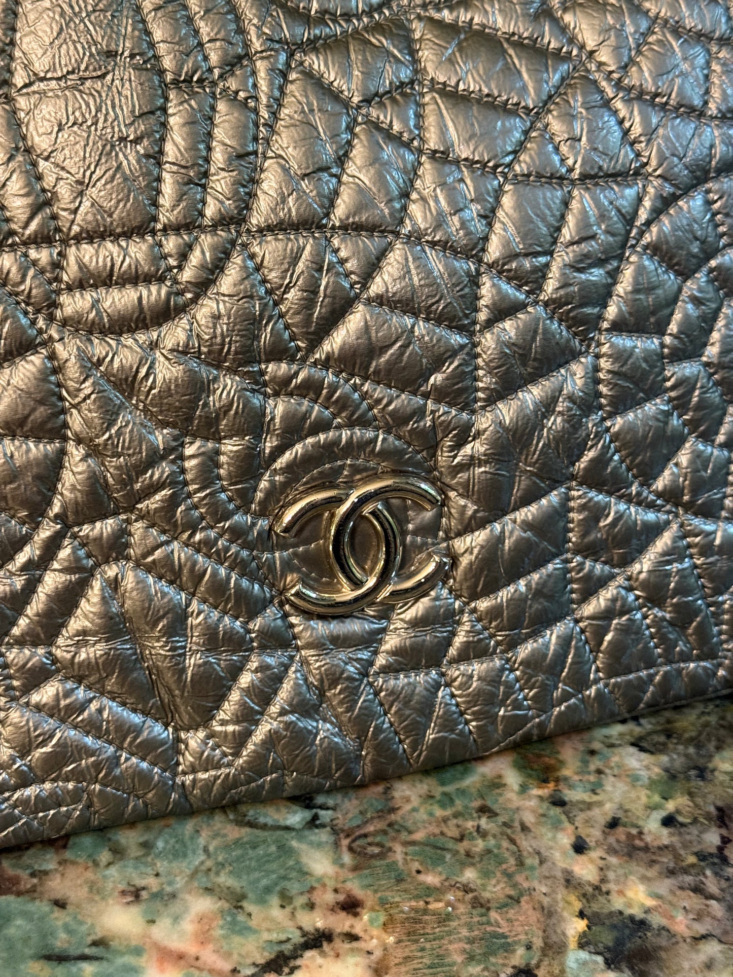 CHANEL SILVER EMOBOSSED LOGO SHOULDER BAG