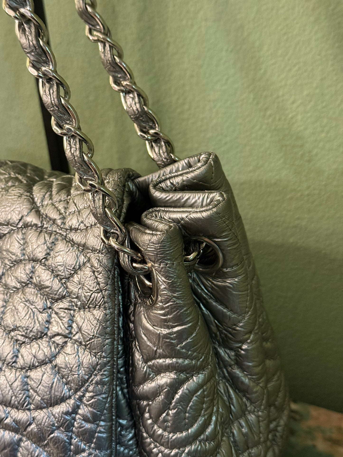 CHANEL SILVER EMOBOSSED LOGO SHOULDER BAG