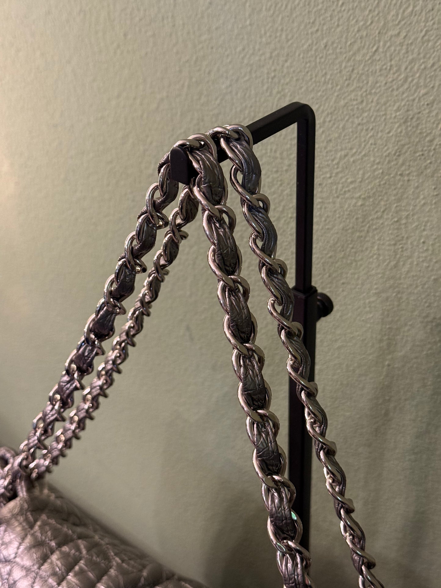 CHANEL SILVER EMOBOSSED LOGO SHOULDER BAG