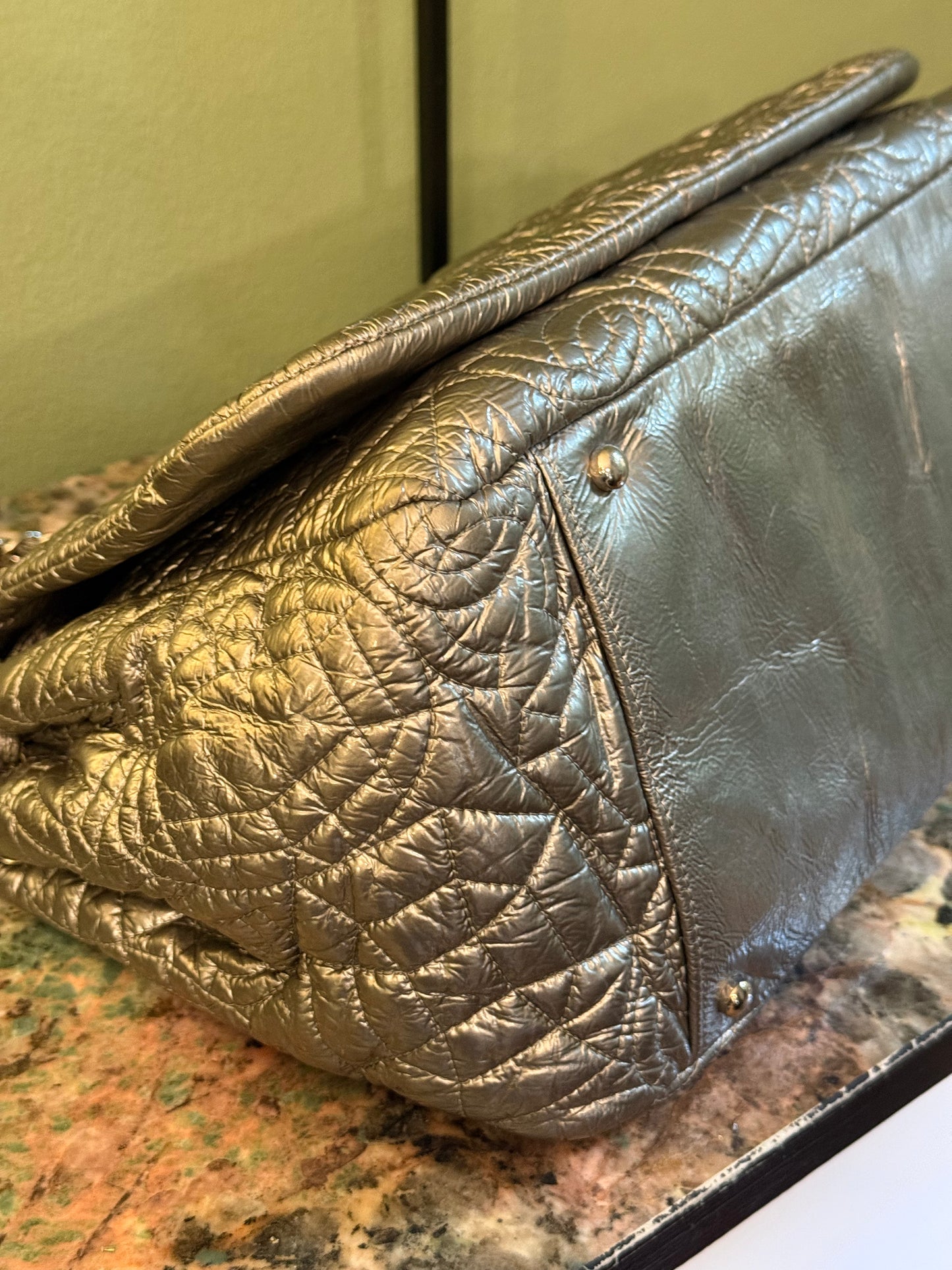 CHANEL SILVER EMOBOSSED LOGO SHOULDER BAG